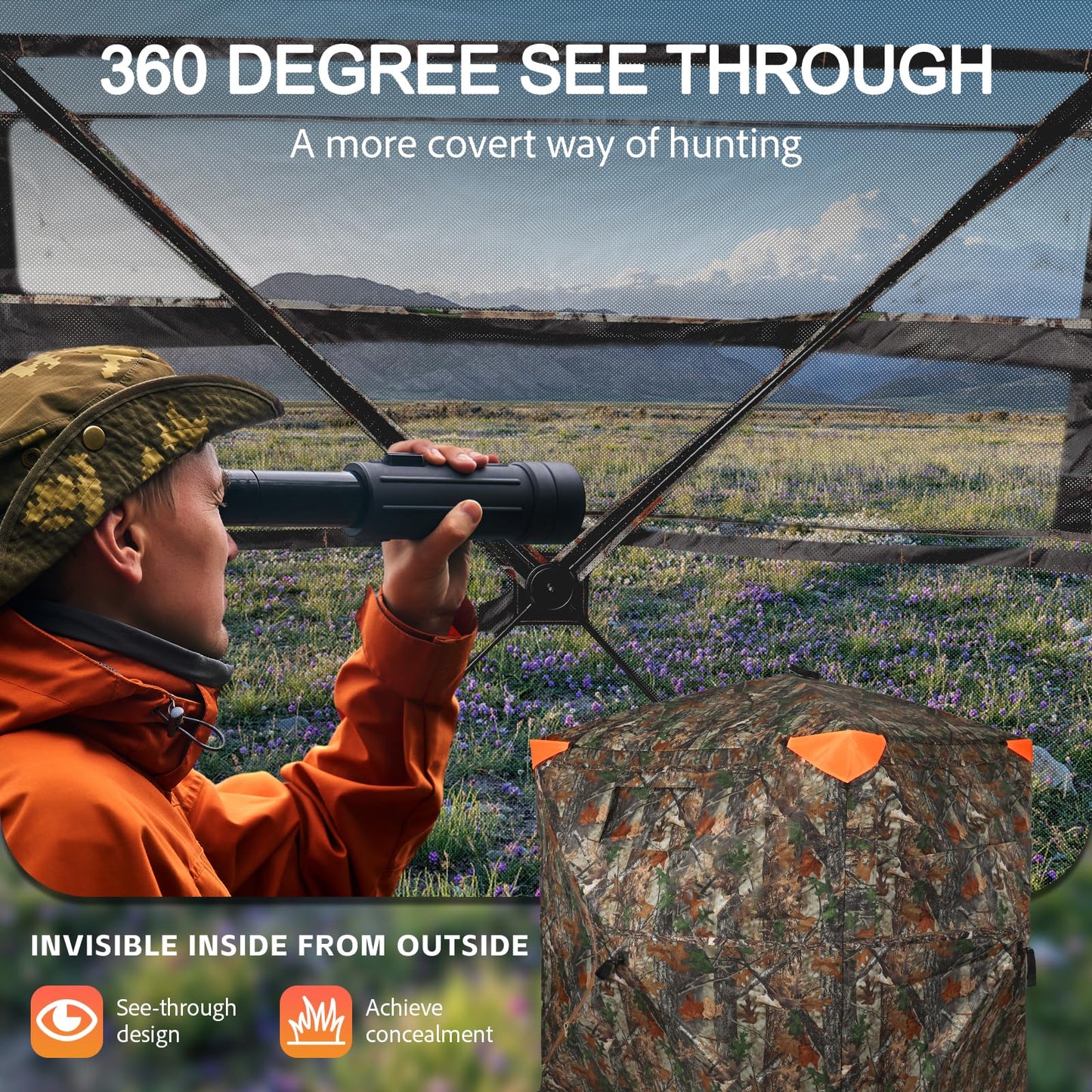 FUNHORUN Hunting Blind 360 Degree See Through Double Door Ground Blind for Hunting, 2/3 Person Pop Up Portable 58" Camouflage Deer/Turkey Tent with Blaze Orange Panels