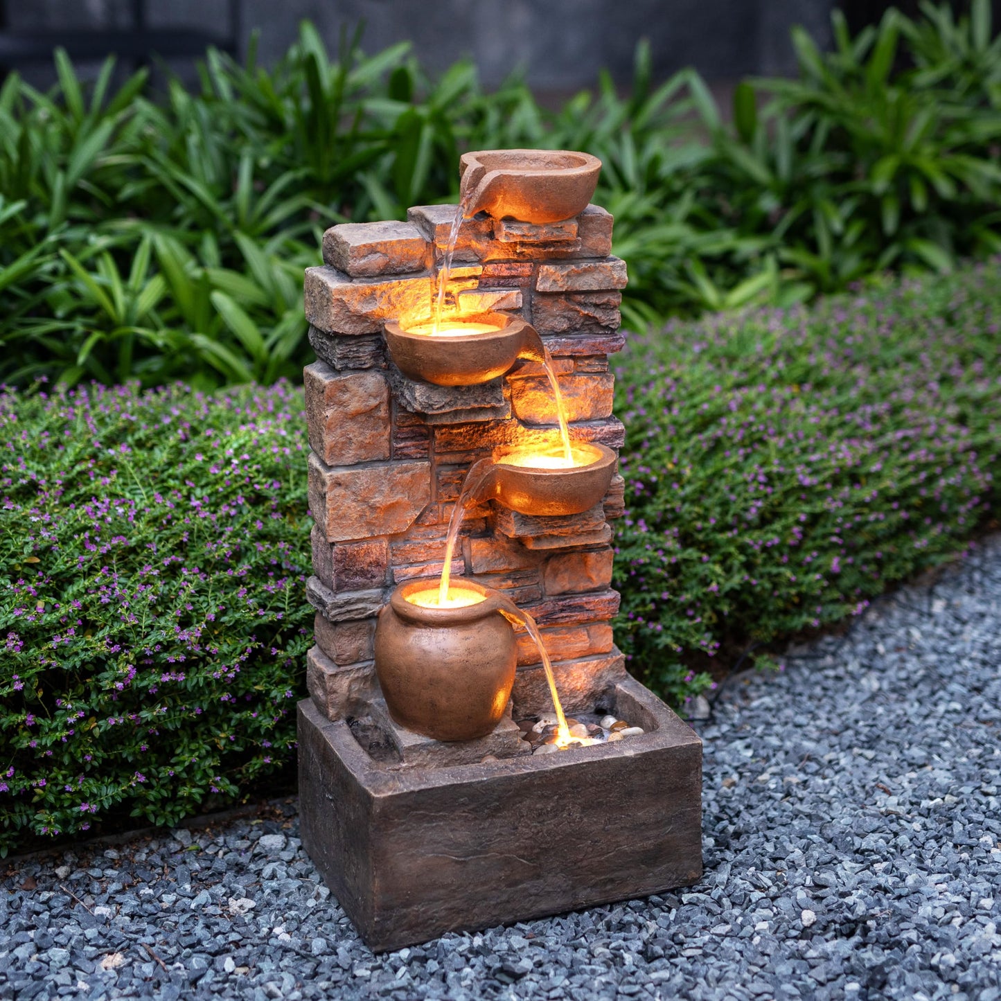 Teamson Home 28.5" Outdoor 4-Tier Stacked Stone Cascading Water Fountain with LED Lights, Brown