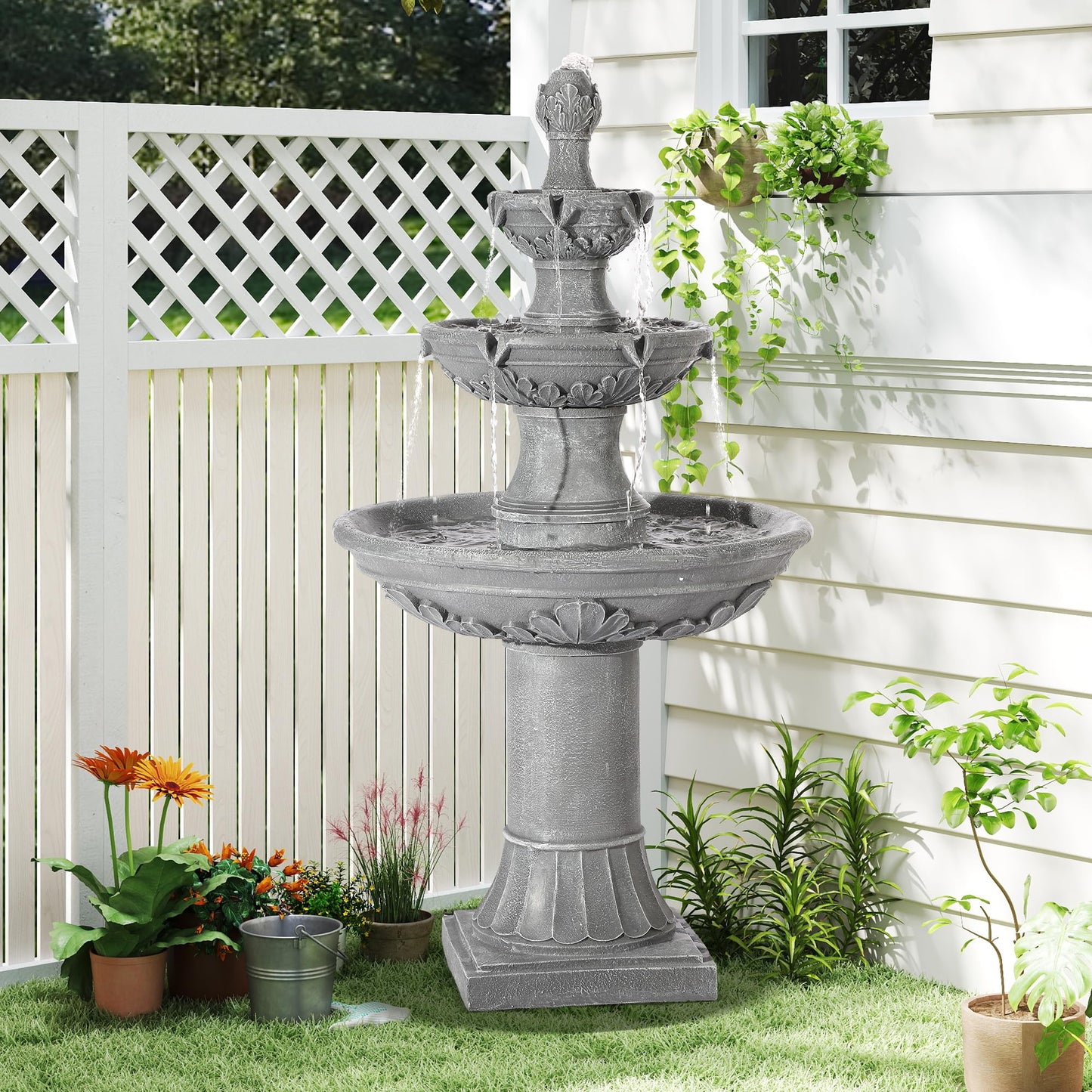 TOBYUL Italian Outdoor Water Fountains Garden Decor - 48.4''H Fountains and Waterfalls Outside, Large Cascading Indoor Floor-Standing Resin Bubbler Fountain Features W/Pump for Patio, Yard (Gray)