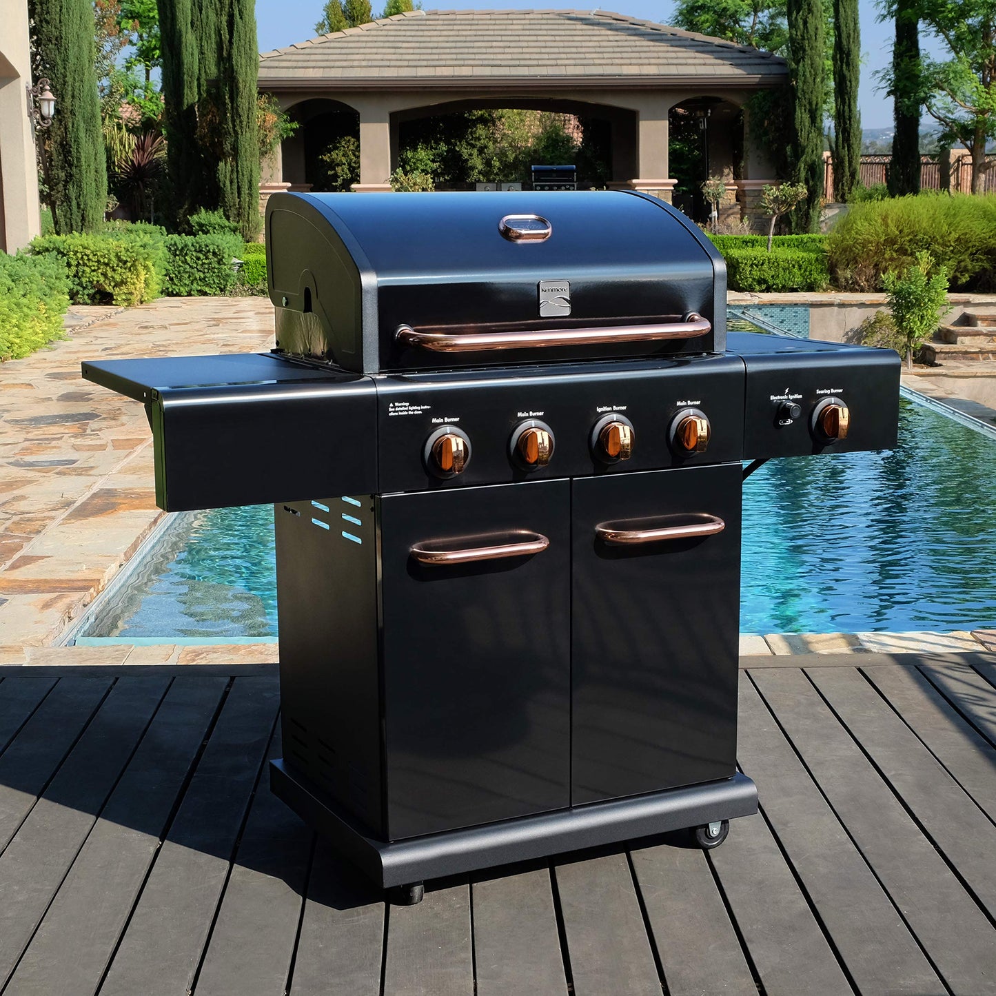 Kenmore 4-Burner BBQ Gas Grill with Searing Side Burner, Propane Grill, 52,000 BTUs, Warming Rack, Electronic Ignition & Cast Iron Cooking Grates, Black/Copper