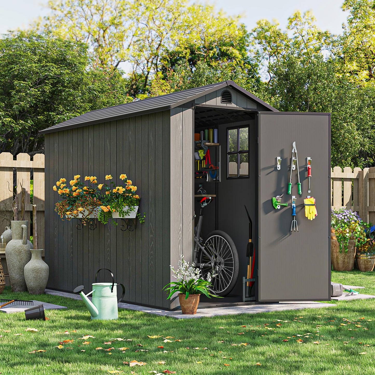 Patiowell 4 x 8 FT Plastic Outdoor Storage Shed with Floor, Garden Tool Shed with Two Windows and Single Lockable Door for Garden, Backyard, Lawn, Easy to Install, Dark Grey