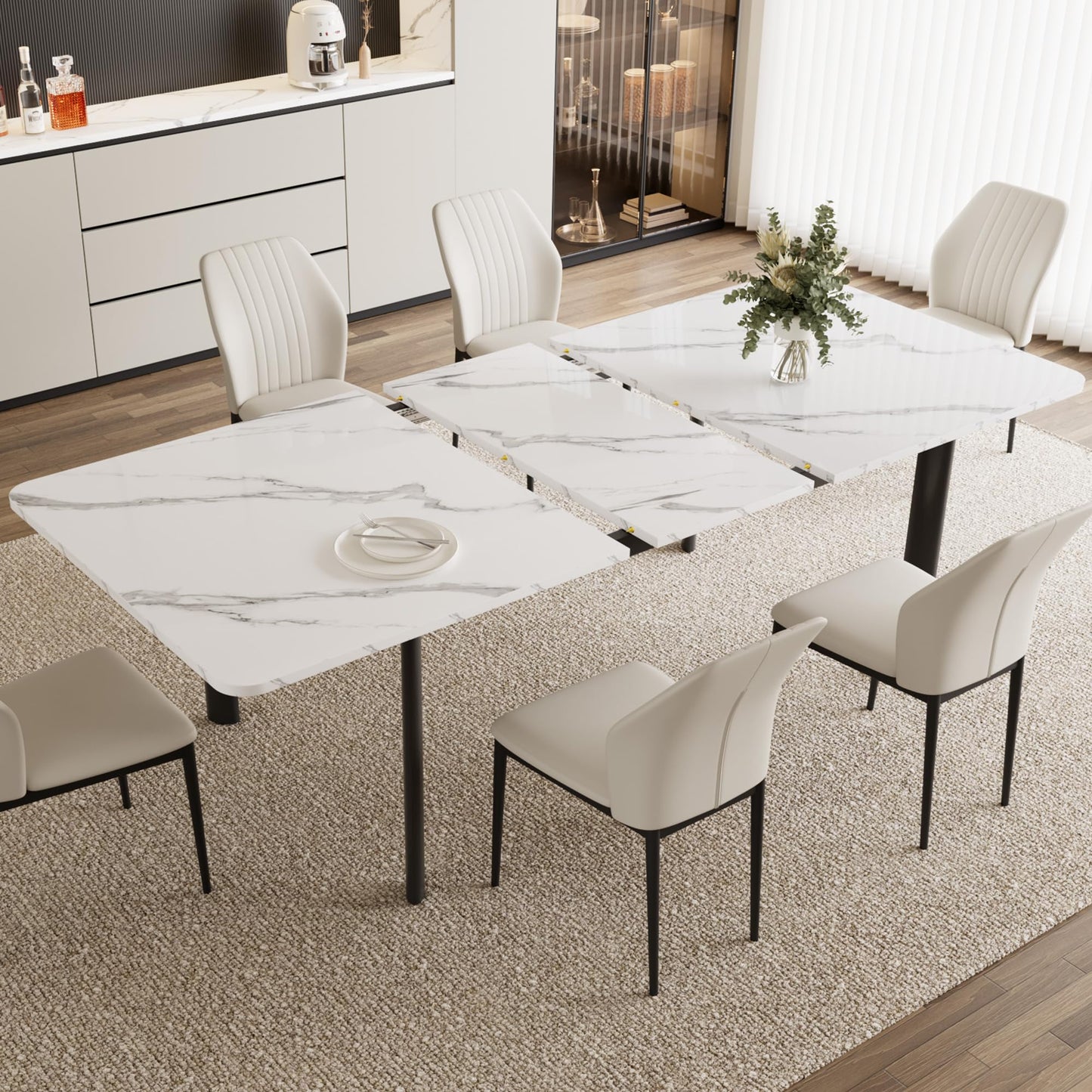 HIPIHOM Extendable Dining Table Set for 6-8 People, 63 to 78.7 Inch MDF Kitchen Table with 6 Upholstered Chairs, Space-Saving for Dining Room, Breakfast Nook(White Table & 6 White Chairs)