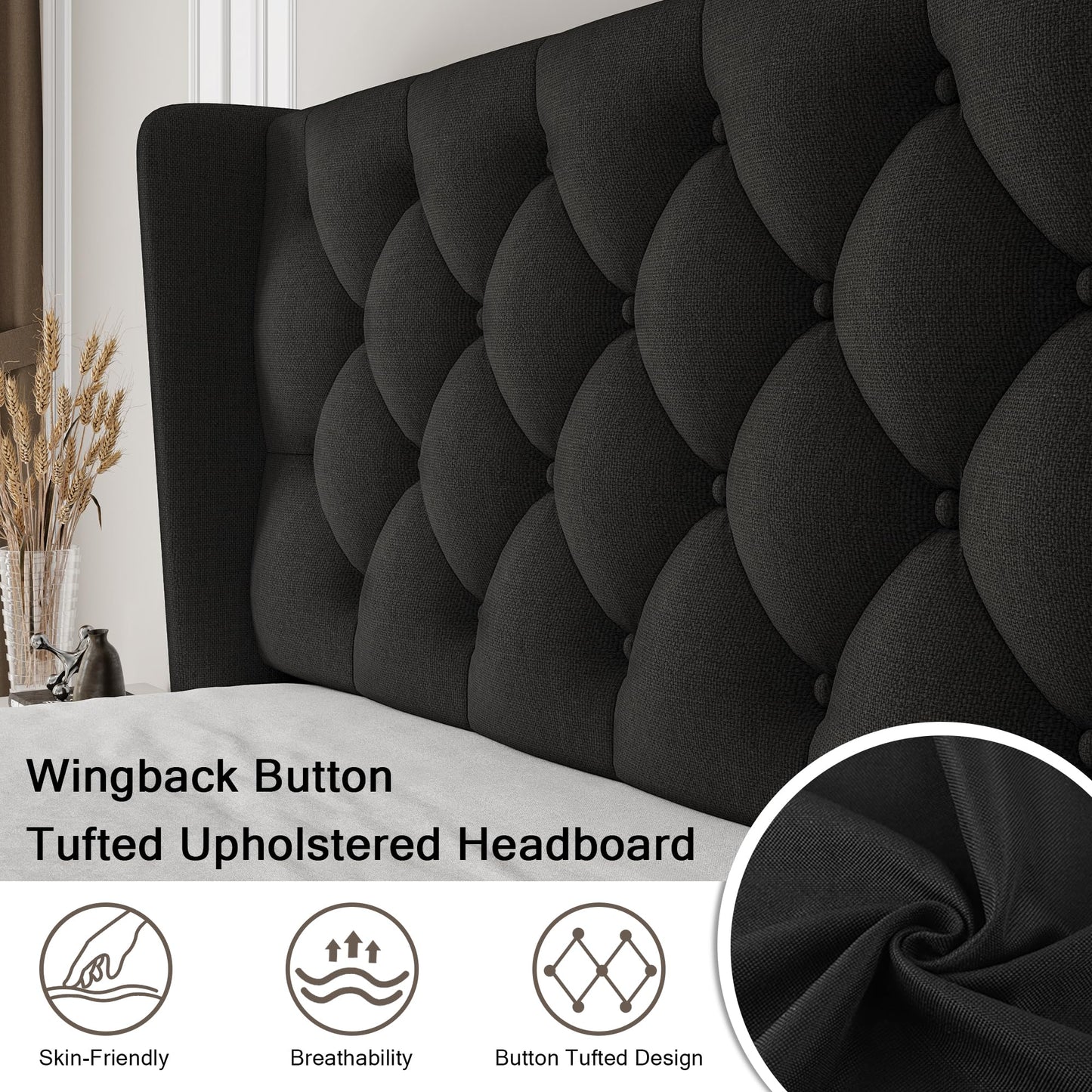 Einhomn Black Queen Size Platform Bed Frame with Fabric Upholstered Wingback Headboard, 12" Under Bed Space, Wooden & Metal Slats Support, No Box Spring Needed