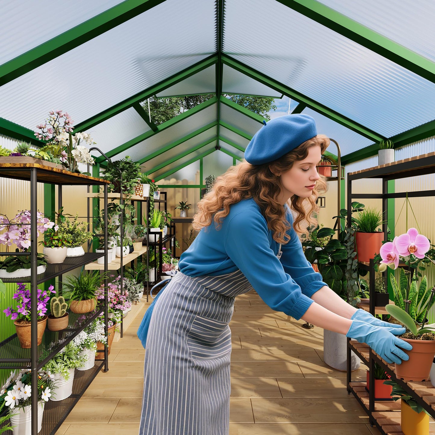 8x10 Ft Outdoor Greenhouses, Greenhouse Kit, Portablee Greenhouses with Ground Nails and Vent Windows, Sliding Lockable Door, Polycarbonate Green House for Outside Garden Backyard, Green