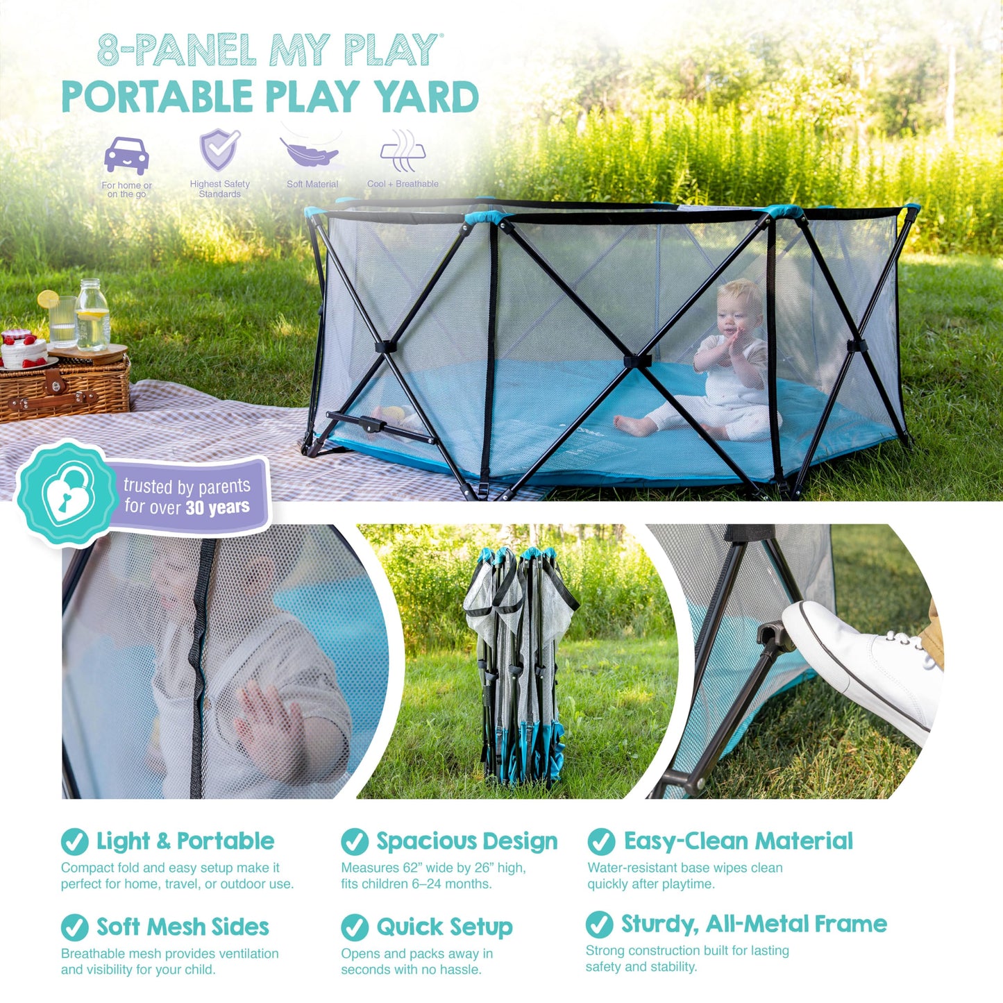 Regalo Safety My Play Deluxe Extra Large Baby Playpen & Portable Play Yard, Foldable 8-Panel Indoor Outdoor Playpen for Babies & Toddlers, Mesh Sides, Washable Nylon Bottom, 62", Aqua/Black