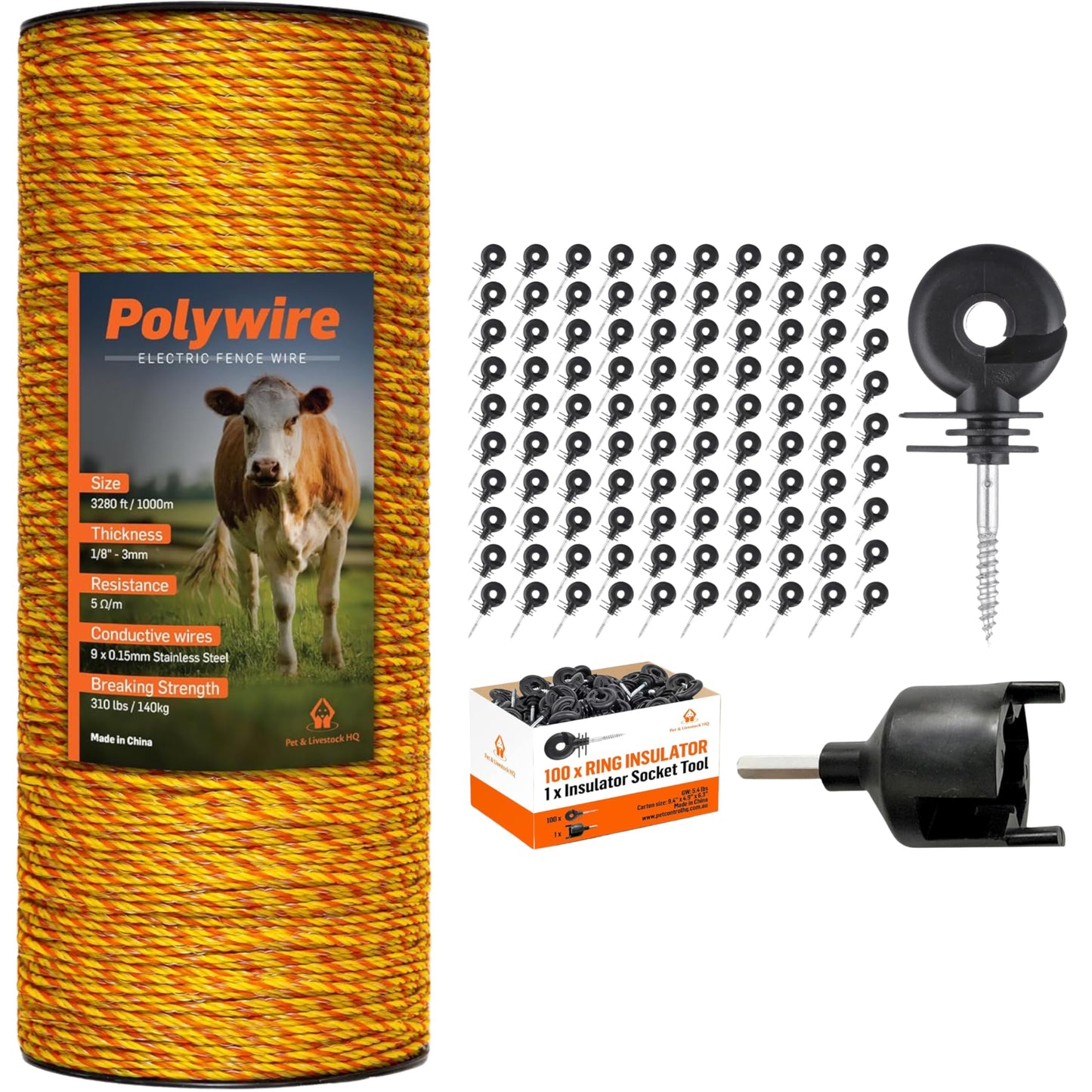 Pet & Livestock HQ - 3280ft Electric Polywire Fence with 100 Insulators - 2 Product Bundle