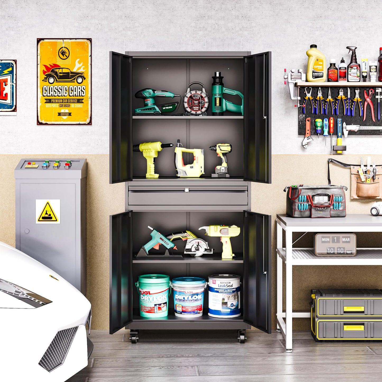 LISSIMO Metal Storage Cabinet with with Drawer, Garage Storage Cabinet with Locking Doors and Adjustable Shelves for Garage, Home Office,Warehouse (Black)