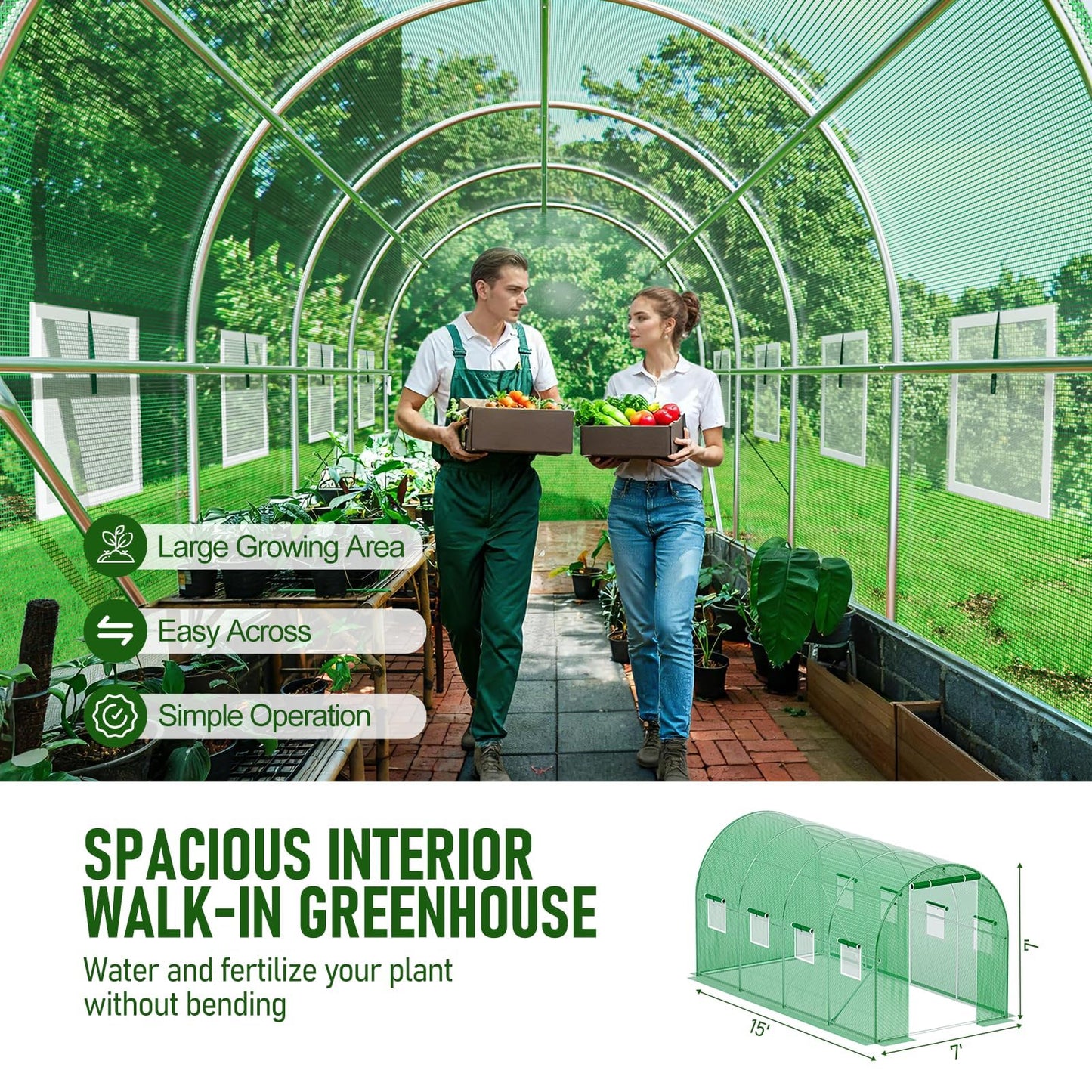 SPECILITE Walk-in Tunnel Greenhouse for Outdoors, 15×7×7 FT Heavy Duty Hoop House Kit with 8 Screen Windows, Thicken PE Cover & Galvanized Frame, Portable Large Green Houses for Outside, Winter, Green
