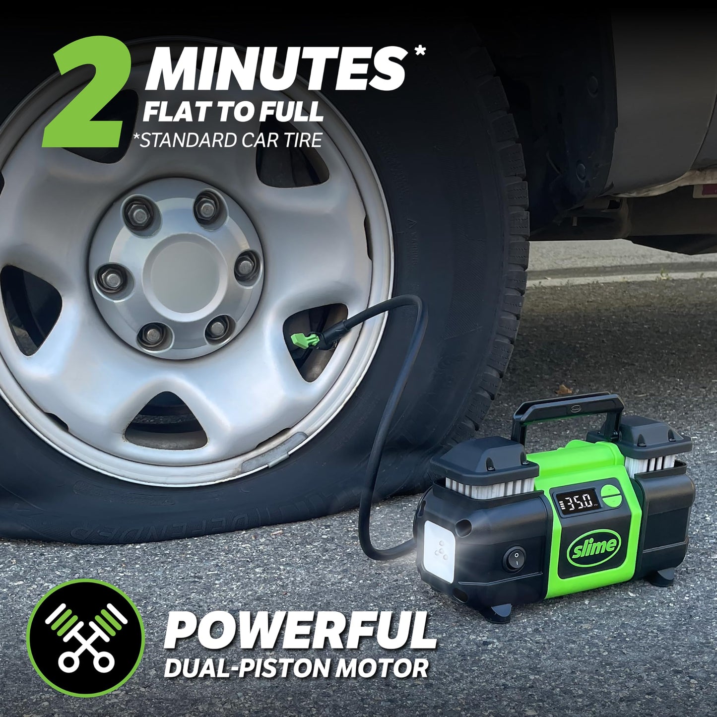 Slime 40083 Tire Inflator, Super Duty Pro Power, Battery Connection, Dual Piston, with Digital 0-99 psi Gauge, Long Hose and LED Light, Alligator Clips, 2 min Inflation