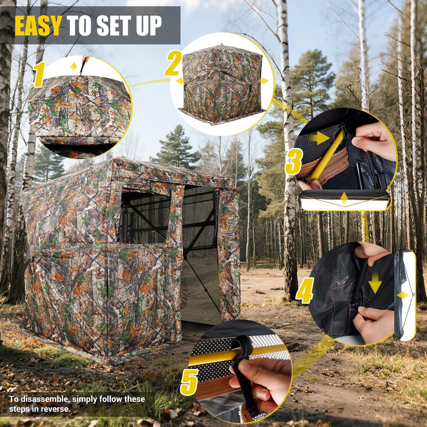 TYRSEN Hunting Blind with Magnetic Full Open Large Door & Silent Windows, 360° See Through Pop Up Ground Blind for 3-4 Person, Tent for Deer Turkey Hunting, Waterproof, Camo, Portable, Carry Bag