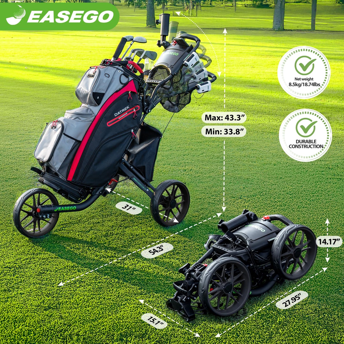 EASEGO Golf Push Cart 3 Wheel : Golf Bag Cart Foldable with Phone Holder/Cup/Umbrella Holder Compact Golf Pull Carts Quick Fold Golf Caddy Push Carts with Large Wheelbase for Different Terrain(Black)