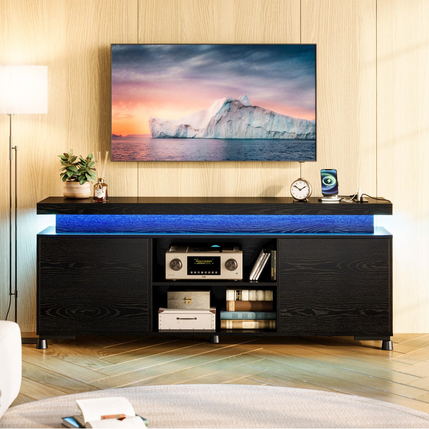 IRONCK TV Stands for TVs 65+ Inch with LED Lights and Power Outlet, Modern TV Console Entertainment Center with Storage Cabinet for Living Room