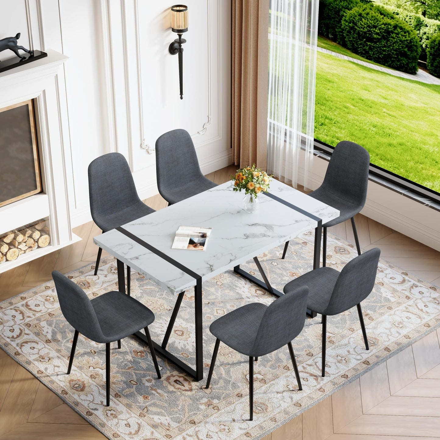 55" Dining Table Set for 6, 7 piece Modern Dining Table Set with Fabric Chairs, Farmhouse Kitchen Table Chairs Set of 6 Suit for Living Dining Room Furniture, Sturdy and Easy-to-Clean (White & Gray)