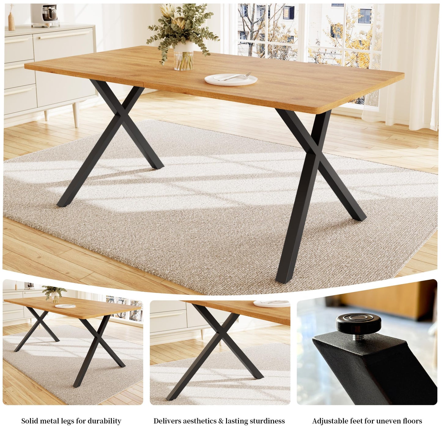 HIPIHOM 7-Piece Dining Table Set for 6 People, 63" MDF Kitchen Table with 6 Upholstered Chairs, Metal Legs for Dining Room, Kitchen(Oak Table+6 U-Shaped Brown Chairs)