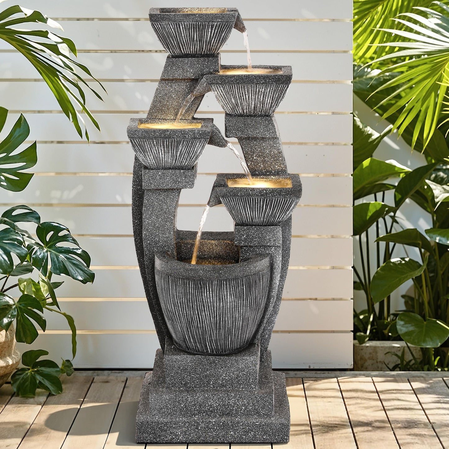 Ultym 40.5" Outdoor Fountain, Four-Column & Bowls Water Feature with LED Lights, Modern Resin Soothing Cascading Waterfall for Patio, Backyard, Garden or Porch