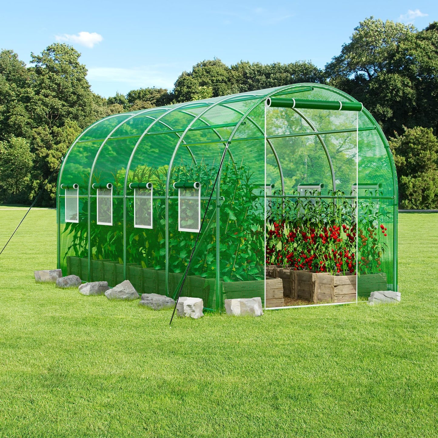 SPECILITE Walk-in Tunnel Greenhouse for Outdoors, 15×7×7 FT Heavy Duty Hoop House Kit with 8 Screen Windows, Thicken PE Cover & Galvanized Frame, Portable Large Green Houses for Outside, Winter, Green