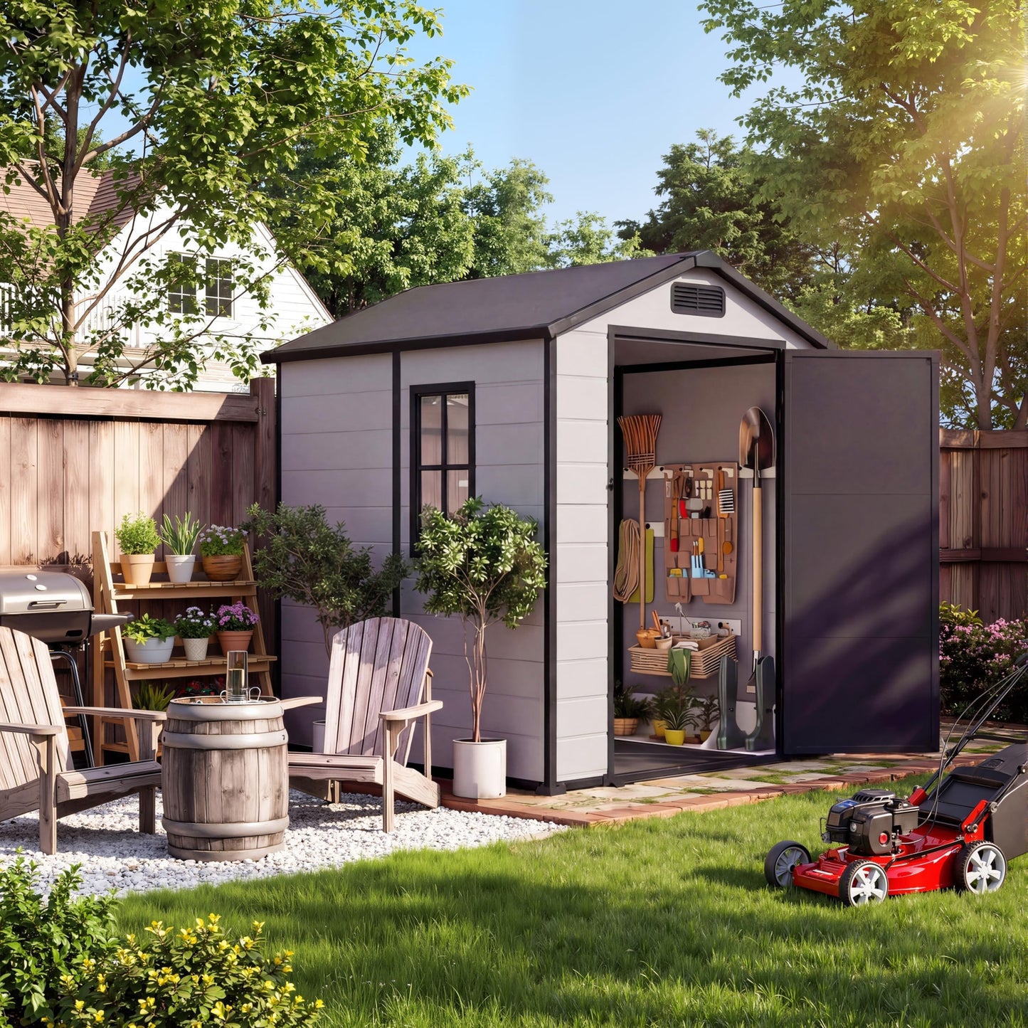 6x4 ft Outdoor Storage Shed, Plastic Resin Garden Shed with Floor, Window, 2 Vents, Lockable Door & Sloped Roof, Garden Tool Storage Shed for Patio, Backyard, Garden, Lawn Mower, Bike