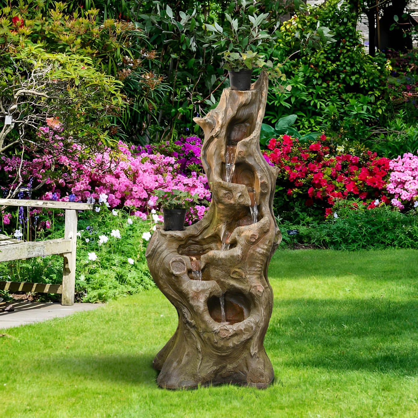 Sunlinua Water Fountain Outdoor 5-Tiers Large Cascading Realistic Tree Trunk Natural Waterfall Outdoor Fountain Resin Imitation Wood with LED Lights for Garden, Patio, Porch