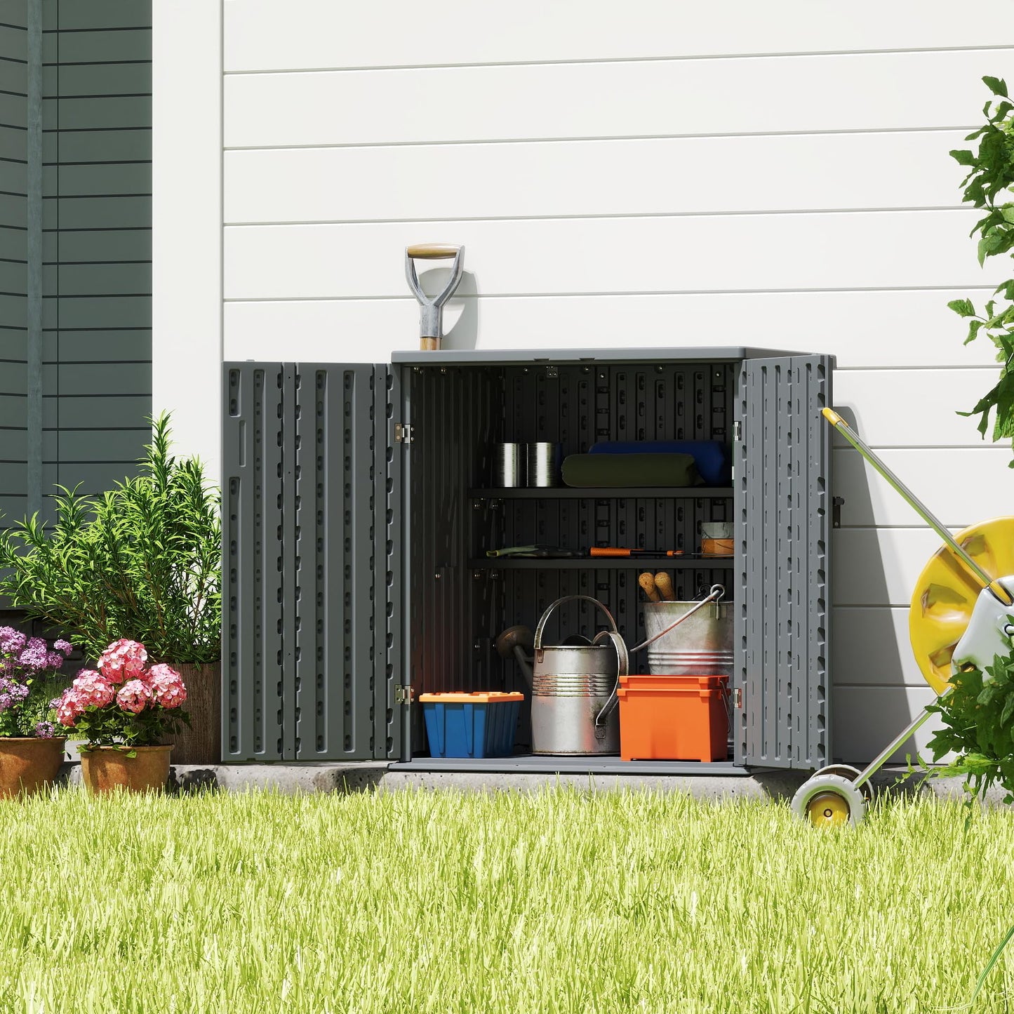 EHHLY Heavy Duty Small Storage Cabinet Outdoor Weatherproof, 14 Cuft Garage Storage Cabinet with 2 Adjustable Shelves, Lockable Kitchen Pantry Closer Organizer, 31Wx23Lx34H, Sage Grey