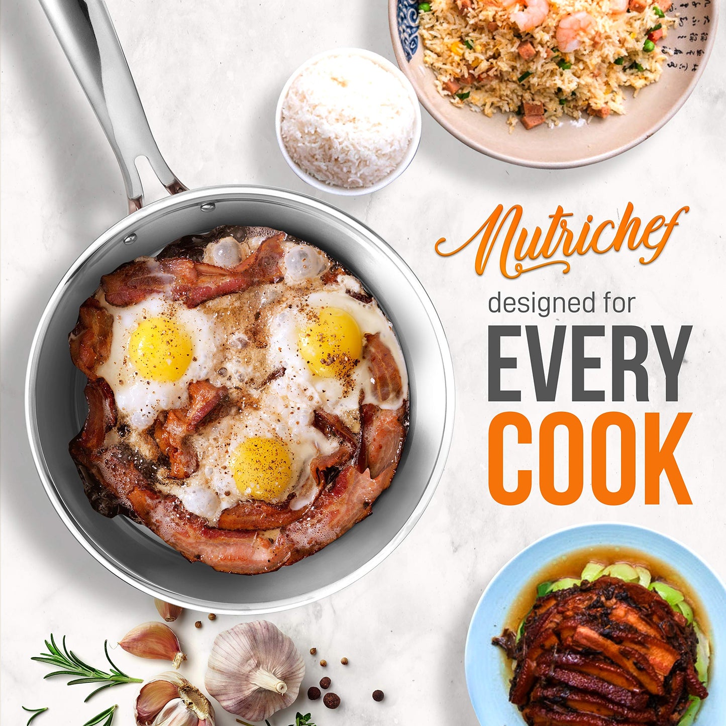 NutriChef 8 Pcs. Stainless Steel Cookware Set - Kitchenware Pots & Pans Set Stylish Kitchen Cookware w/Cast SS Handle, Tri-Ply Authentic Copper, for Saucepan, Casserole, Frying Pan, Lids - NCCW8SS
