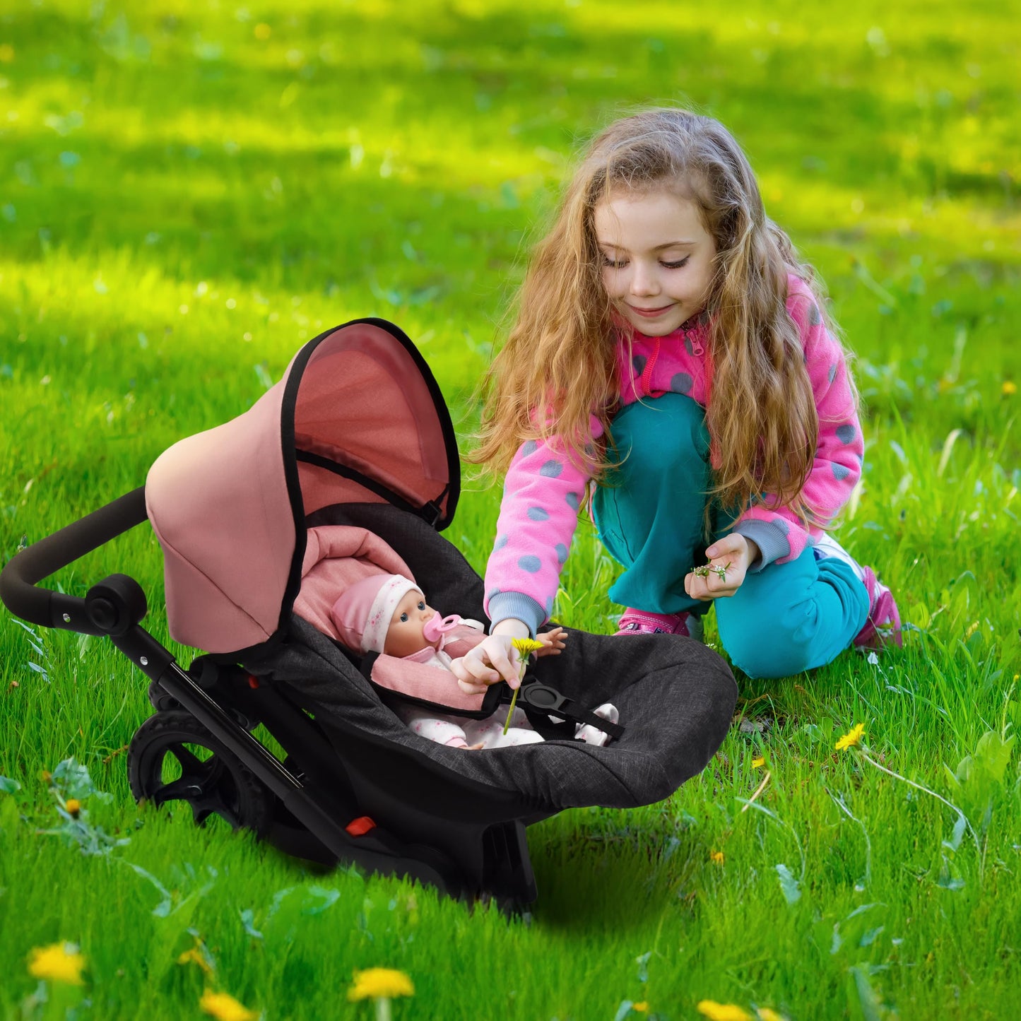 Baby Doll Convertible Travel Stroller for Girls Toddler Play Toy Car Seat Two in One Foldable Carriage for Kids with Diaper Bag Pretend Play Stroller for Doll