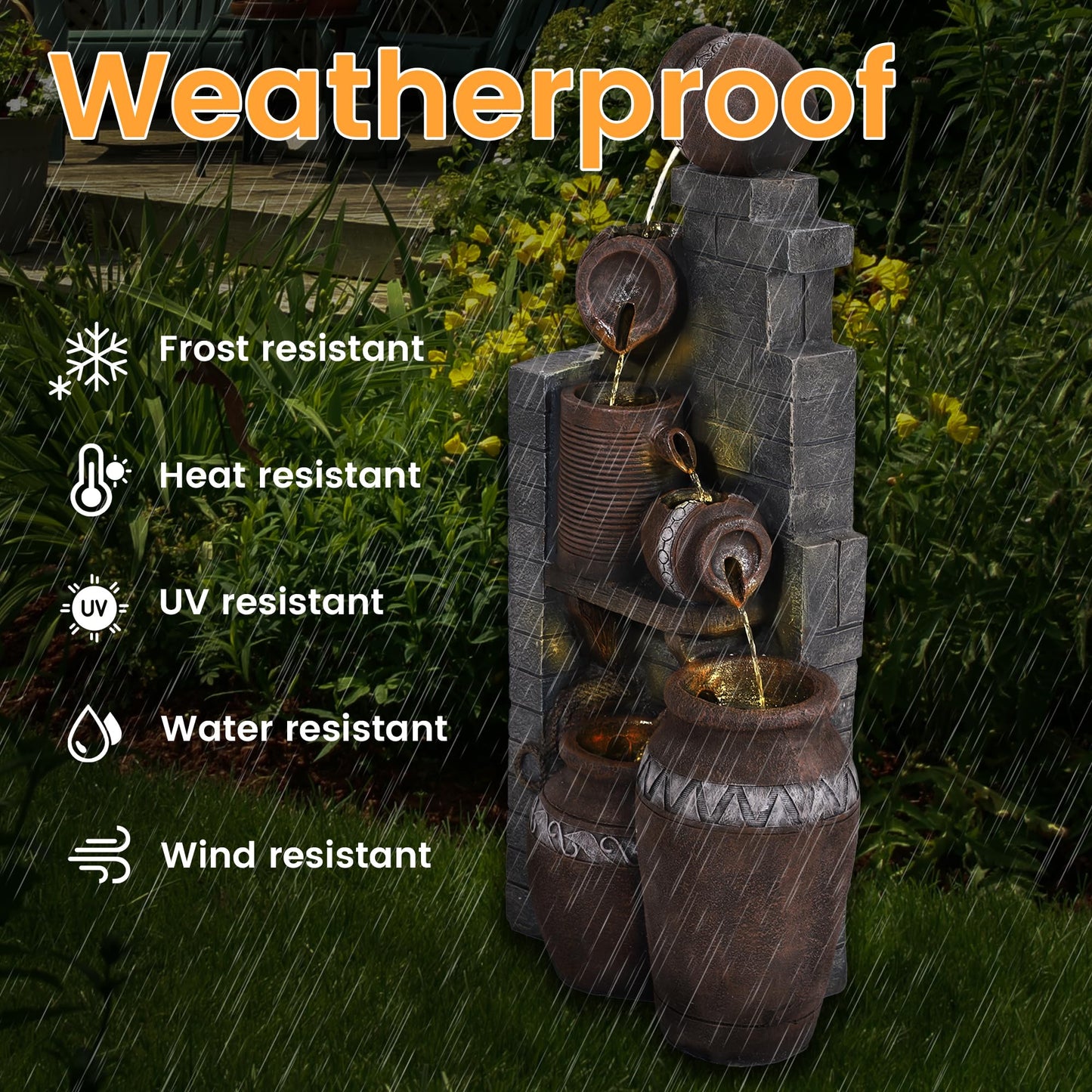 Dephet 6-Tiers Garden Waterfall Fountain Outdoor - 40''H Water Fountains and Waterfalls, Large Outdoor/Indoor Floor Standing Resin Water Fountain with LED Light for Patio, Garden and Home (Grey)