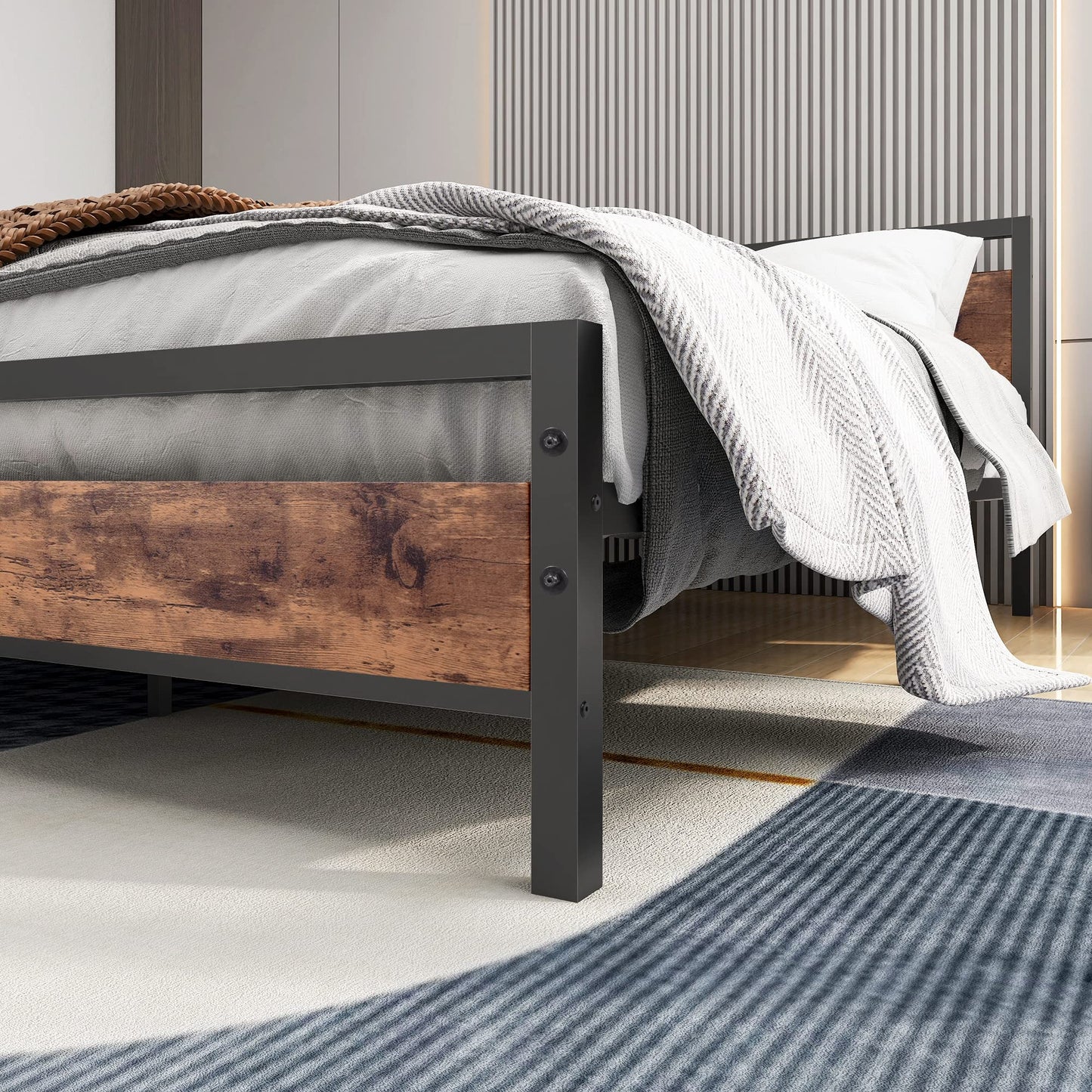 BOFENG Black Queen Size Bed Frames with Wood Headboard,Heavy Duty Platform Bed Frame with Storage No Box Spring Needed,Mattress Foundation,Strong Steel Slats,Noise Free,Brown