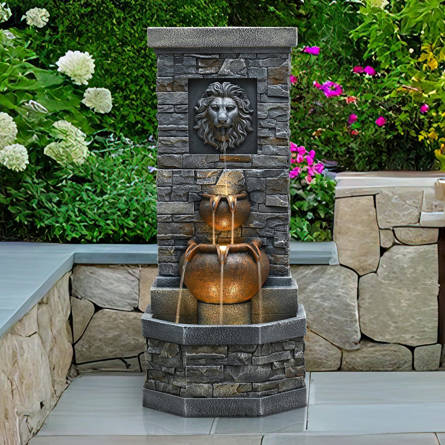 42'' Outdoor Garden Floor-Standing Water Fountain Lion Head Stone with Lights Outdoor Waterfall for Patio, Backyard, Deck, Porch and Home Art Decor