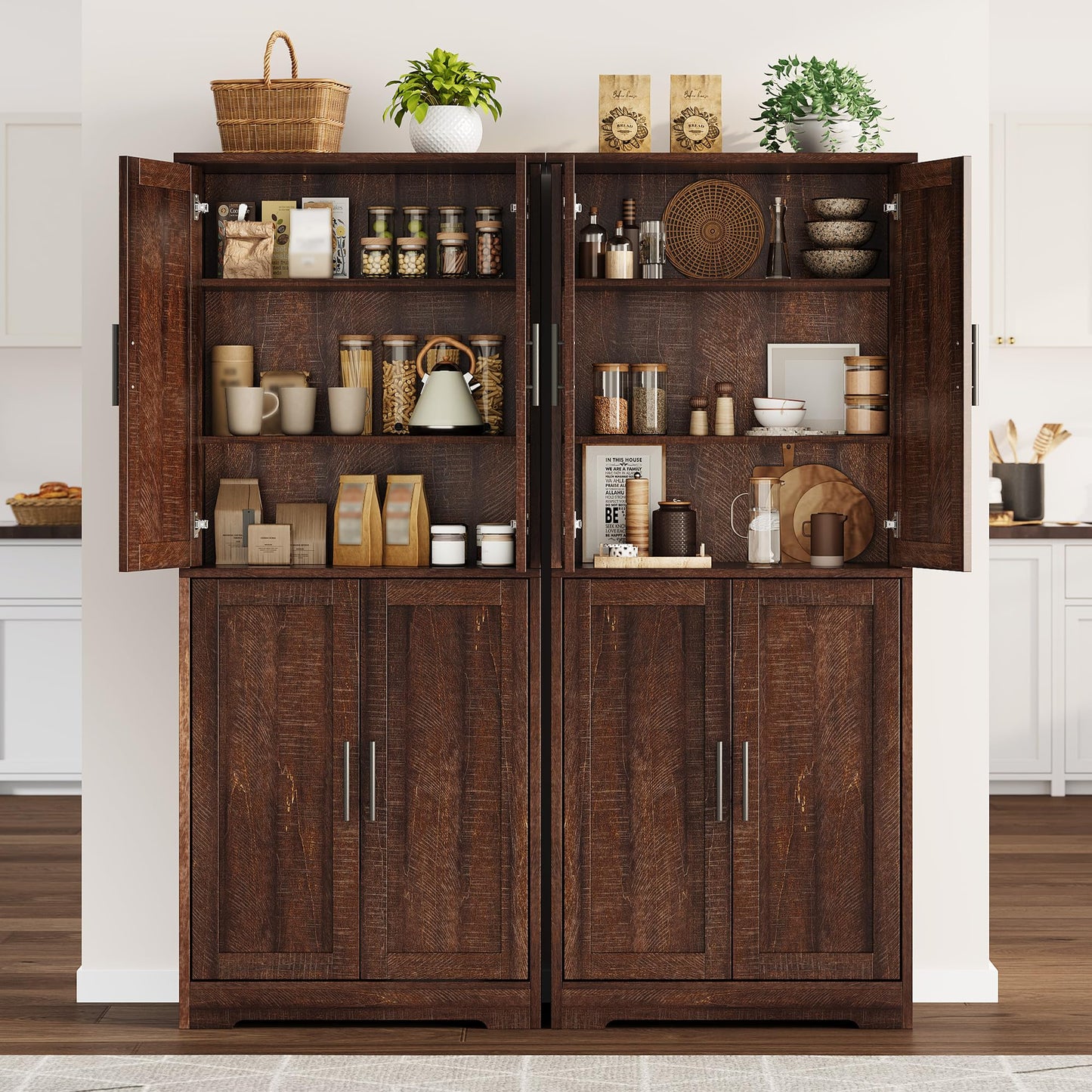 GarveeLife 70" Tall Kitchen Pantry,Farmhouse Storage Cabinet with Adjustable Shelves,Farmhouse Pantry Cabinet with 4 Barn Doors, for Kitchen,Dining Room,Living Room.(Rustic Brown)