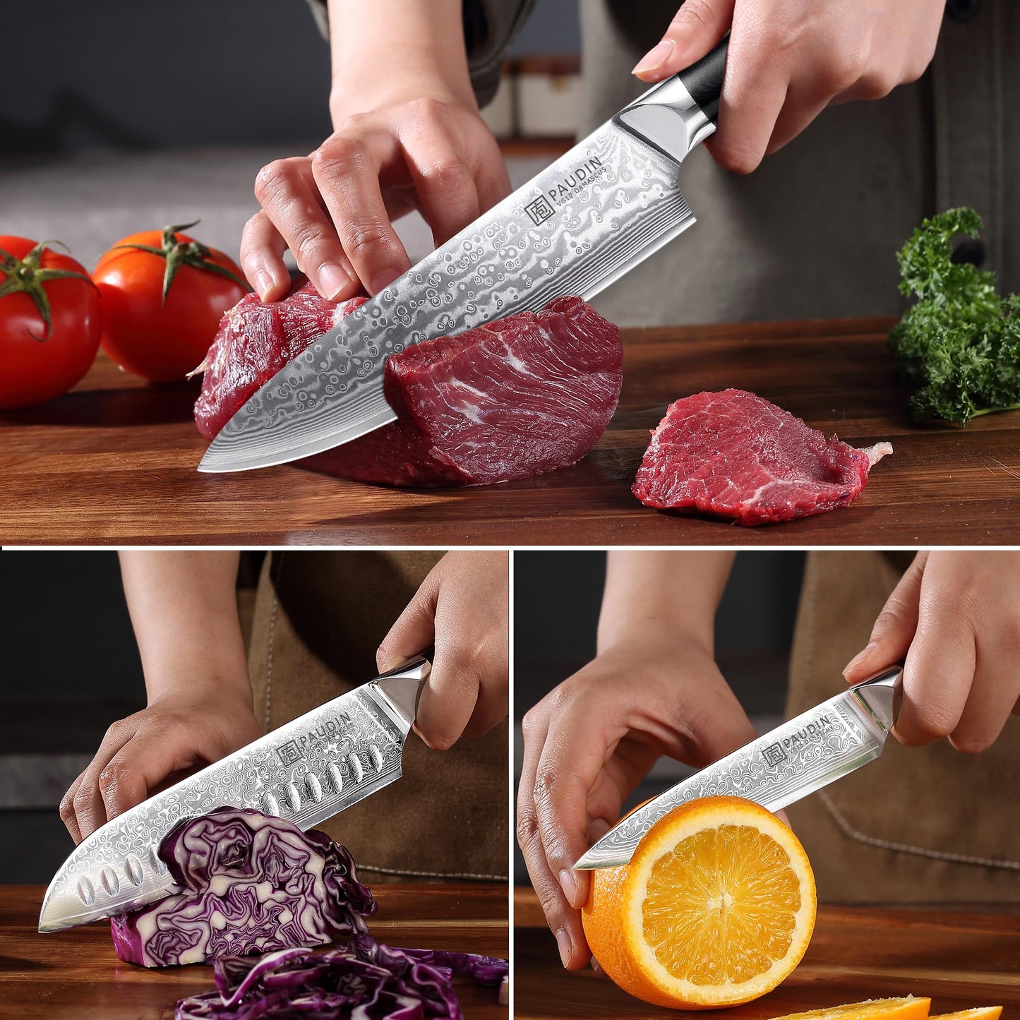 PAUDIN Damascus Knife Set 3 PCS, Japanese VG10 Steel Core, Ultra Sharp Chef Knife Set, Full Tang G10 Handle, Damascus Kitchen Knives