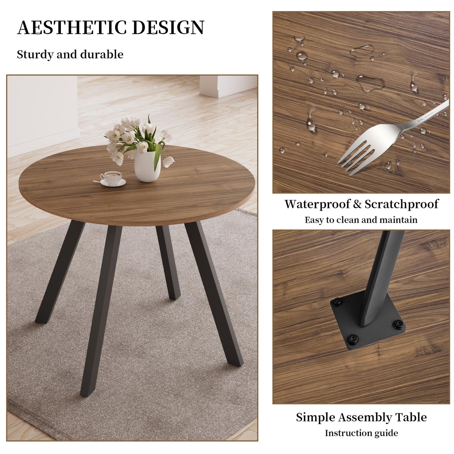 Zerifevni 34.6'' Round Dining Table and Chairs for 4 Space Saving for Apartment Kitchen Dining Room (Walnut Table+4 Brown Chairs)