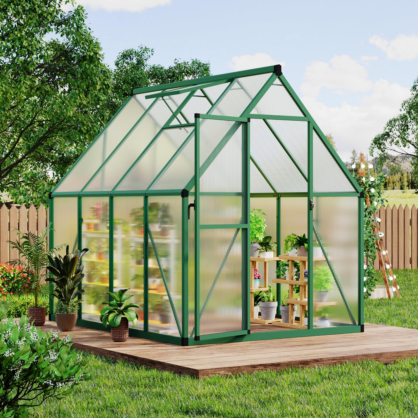 CABIHOME 6x7 FT Outdoor Greenhouse, Polycarbonate Greenhouse with Roof Vent and Ground Nails, Aluminum Large Walk-in Green House w/ Lockable Push Door for Outside Garden Backyard (Green, 6x7 FT)