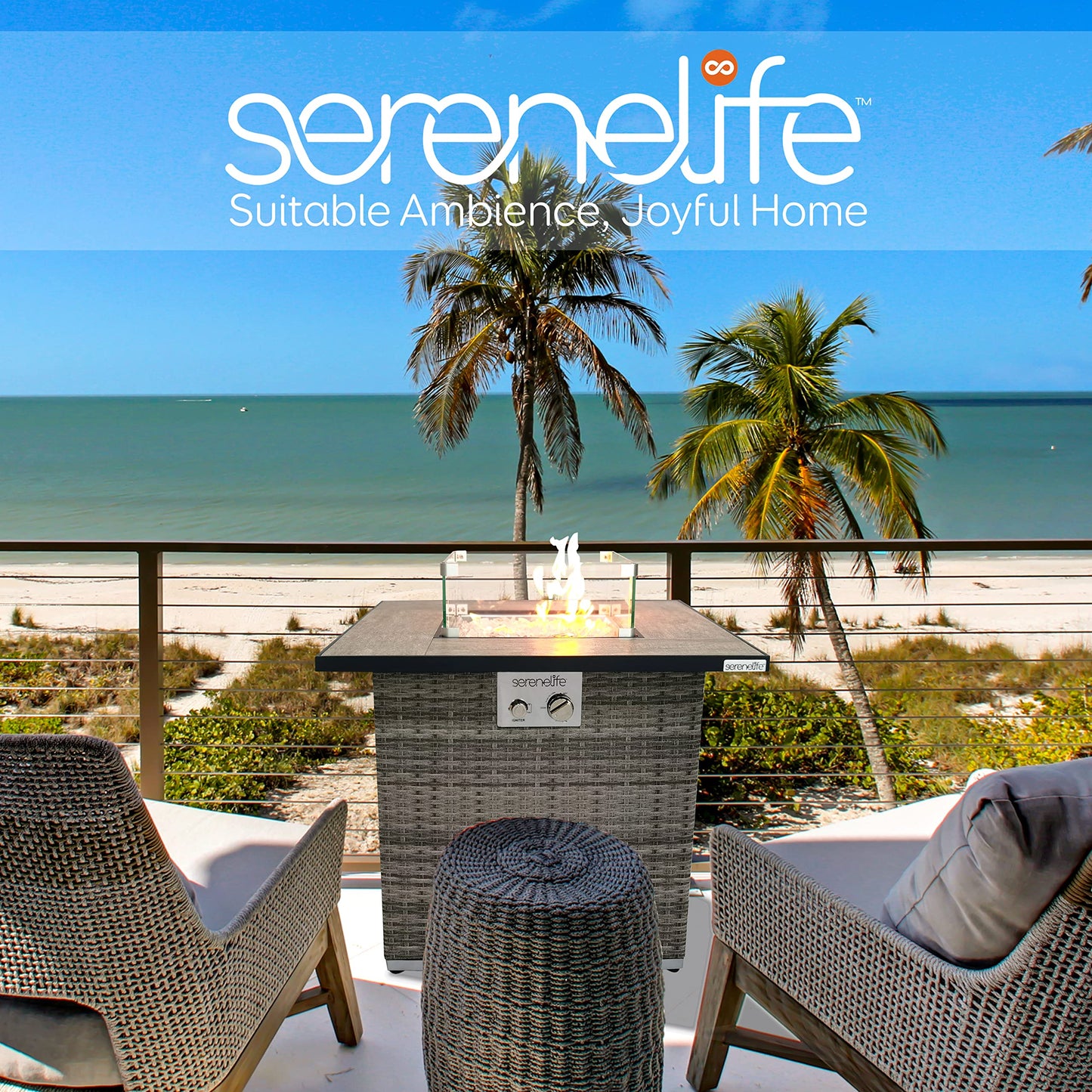 SereneLife Propane Fire Pit Table, 50000 BTU CSA/ETL Certified Safe Gas Table with Sturdy Wicker Base, Stainless Steel Burner, Glass Wind Guard & Cover, Outdoor Fireplaces for Parties