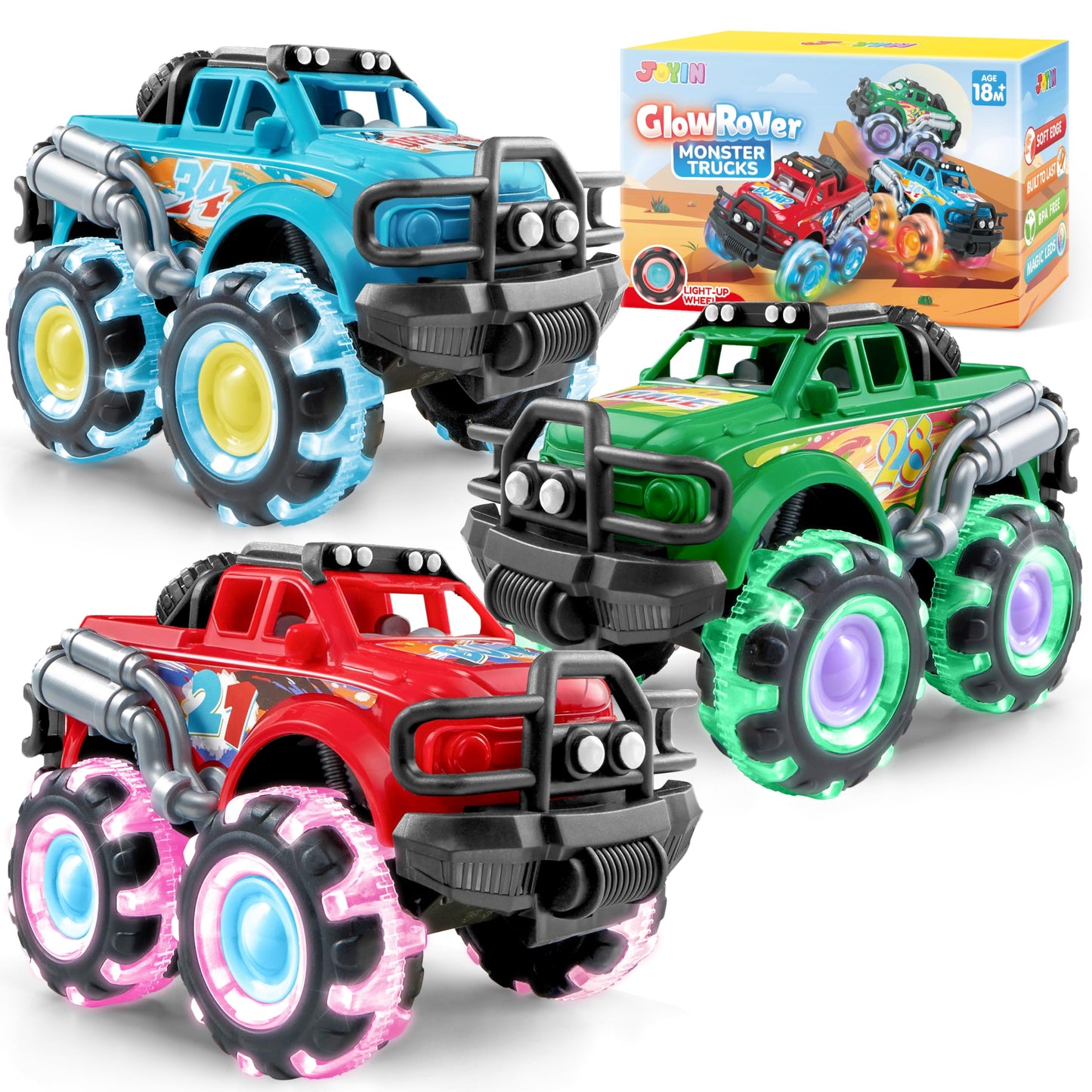 Vroomix JOYIN 3 Pack Monster Truck Toy - Toy Truck with Flashing LED Wheels - Light-Up Friction-Powered Cars for Toddlers - Boys Girls Birthday Gift