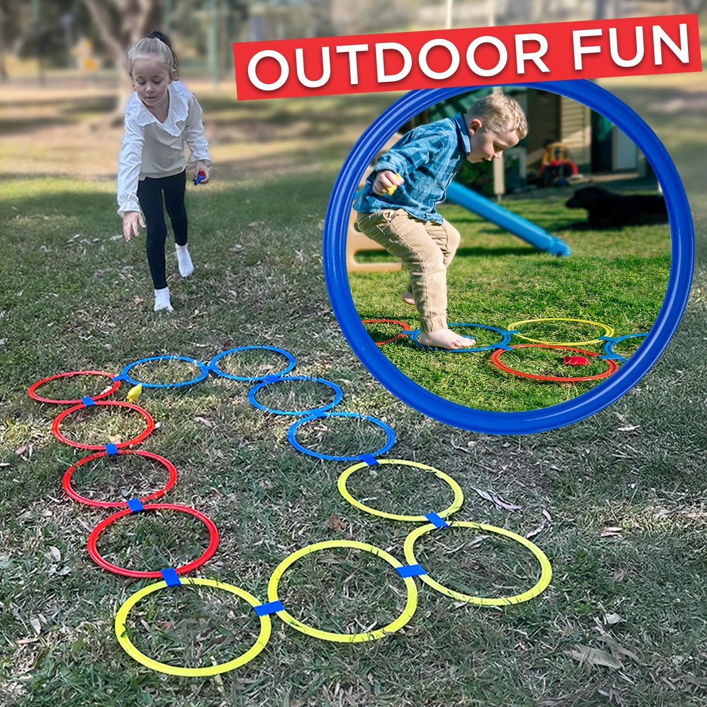 Covelico Kids Exercise Cards & Hopscotch Rings – 12 Rings + 3 Beanbags & 52 Activity Cards, Recess Toys, PE Equipment, Obstacle Course for Kids 3–5, Indoor & Outdoor