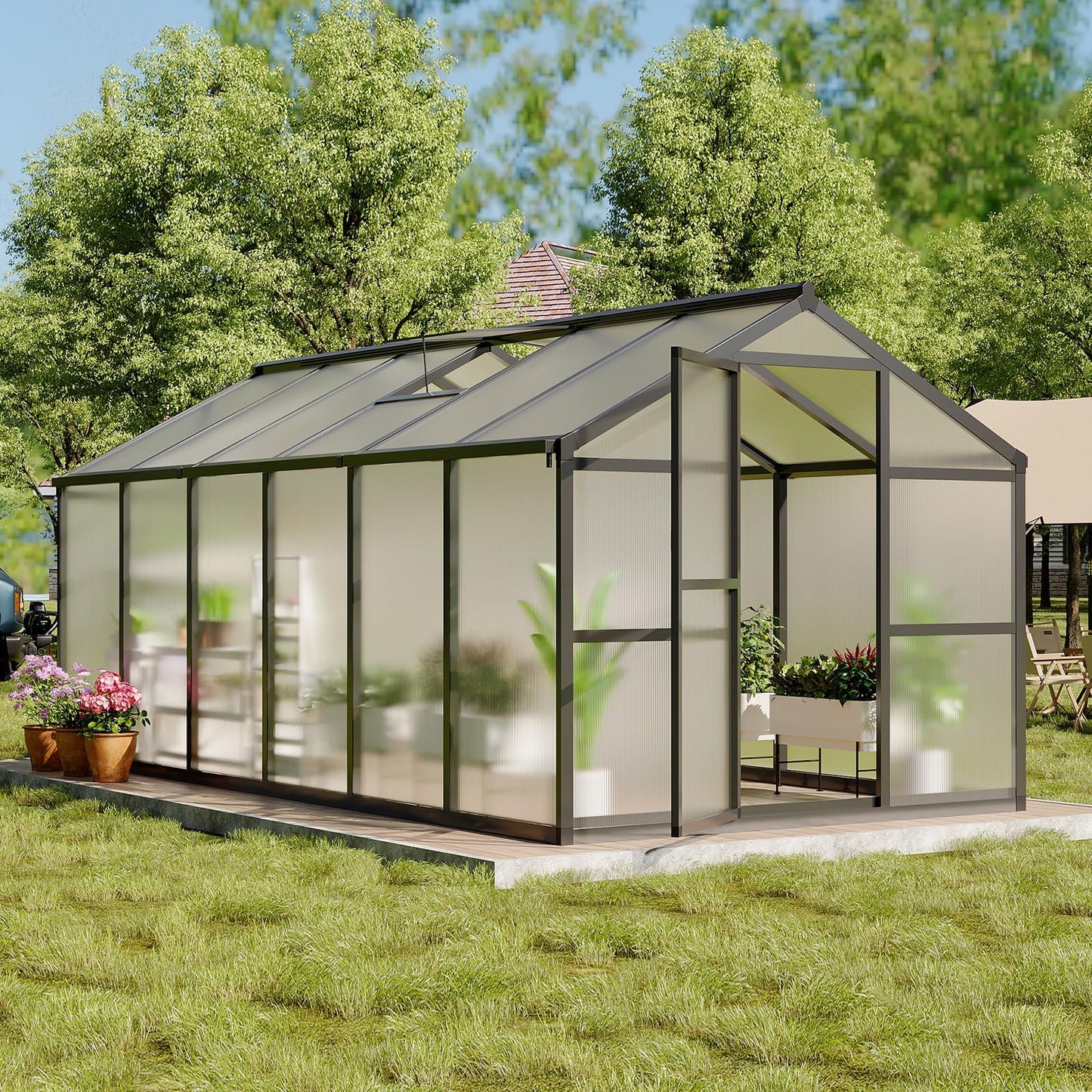 8x10 FT Greenhouse, Greenhouses for Outside, Polycarbonate Greenhouse with Aluminum Frame, Lockable Door and Ajustable Roof Vent for Backyard, Green Houses for Outside Garden Backyard, Patio