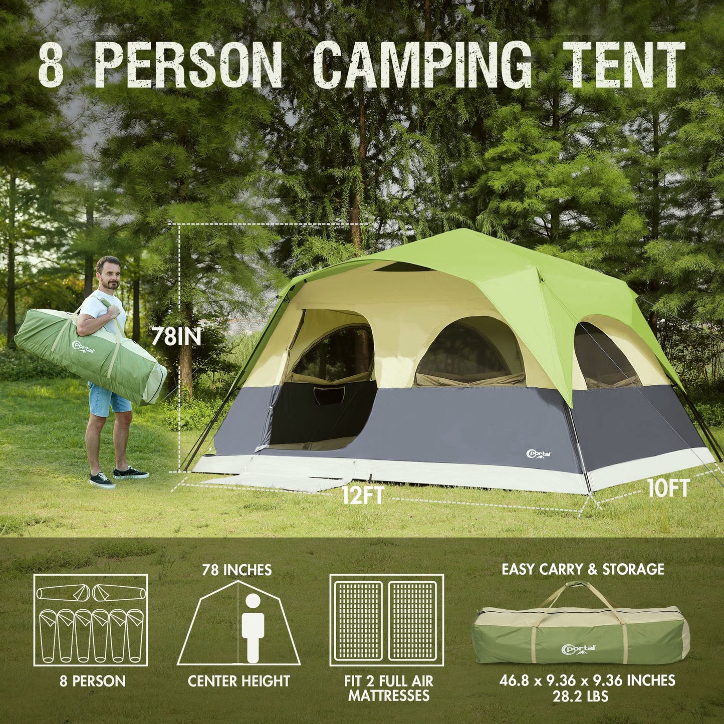 Portal 8 Person Instant Tent for Camping, Large Water Resistant Cabin Family Tent Easy Setup with 5 Large Mesh Windows, Rainfly, Carry Bag