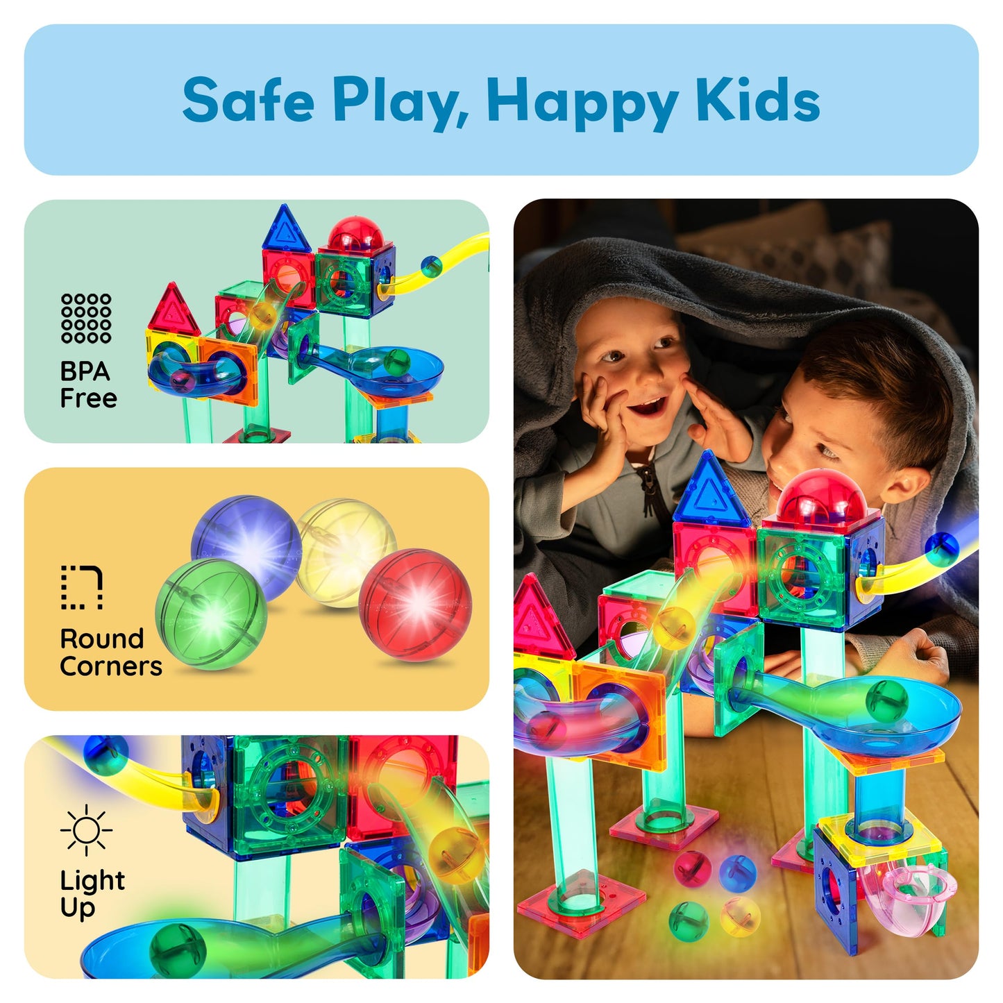 PicassoTiles Motion Activated Marbles 4pc LED Light-Up Glow in The Dark Translucent Balls for Marble Run Race Racetrack Maze Magnetic Construction Magnet Tiles Building Block STEM Education Kids Toys