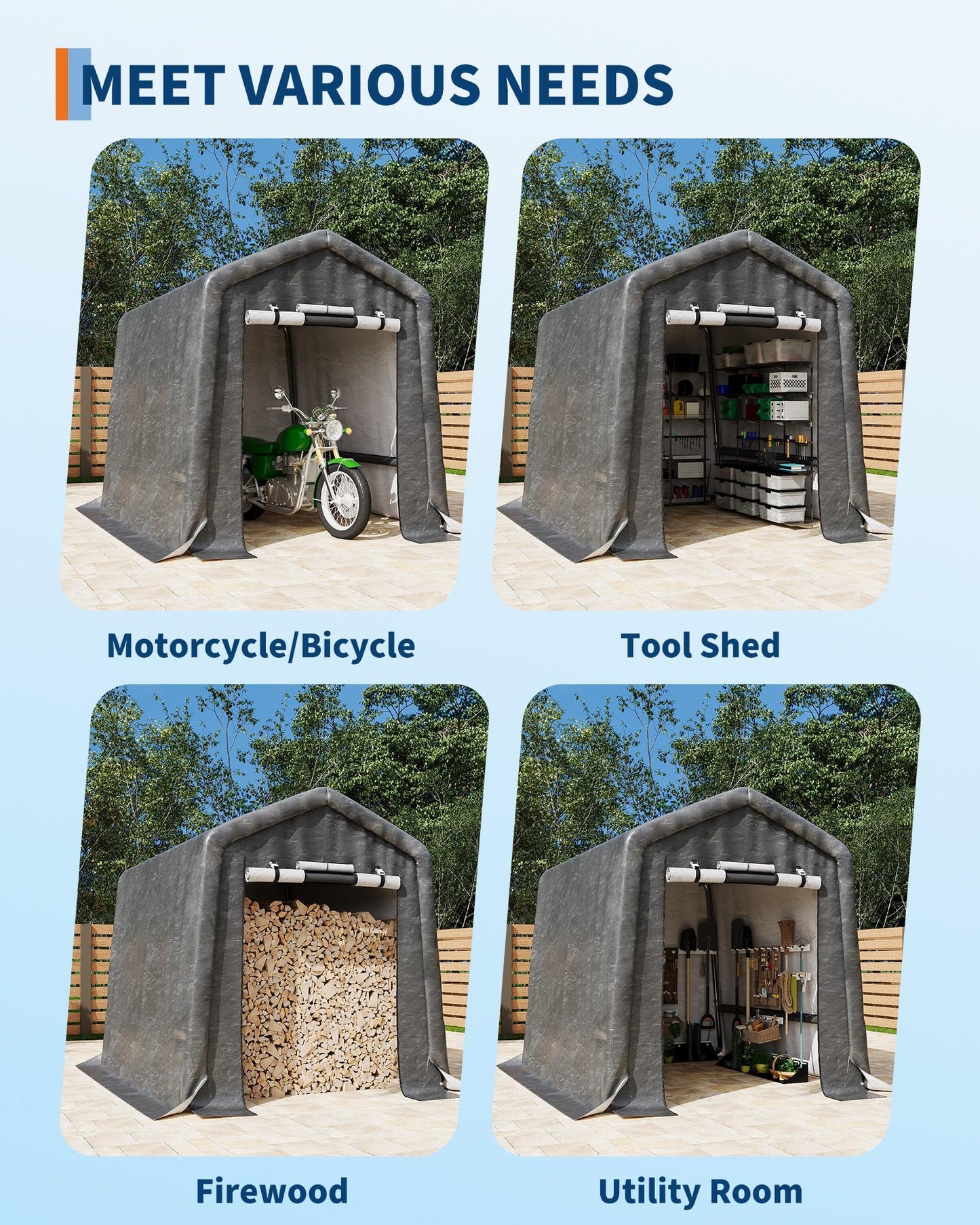  6X8 FT Heavy-Duty Portable Outdoor Storage Shed with Roll-Up Zipper Door & Vent, 240g Waterproof Carport Storage Shelter, UV-Resistant Canopy for Motorcycle, Firewood, Tools -Gray ﻿
