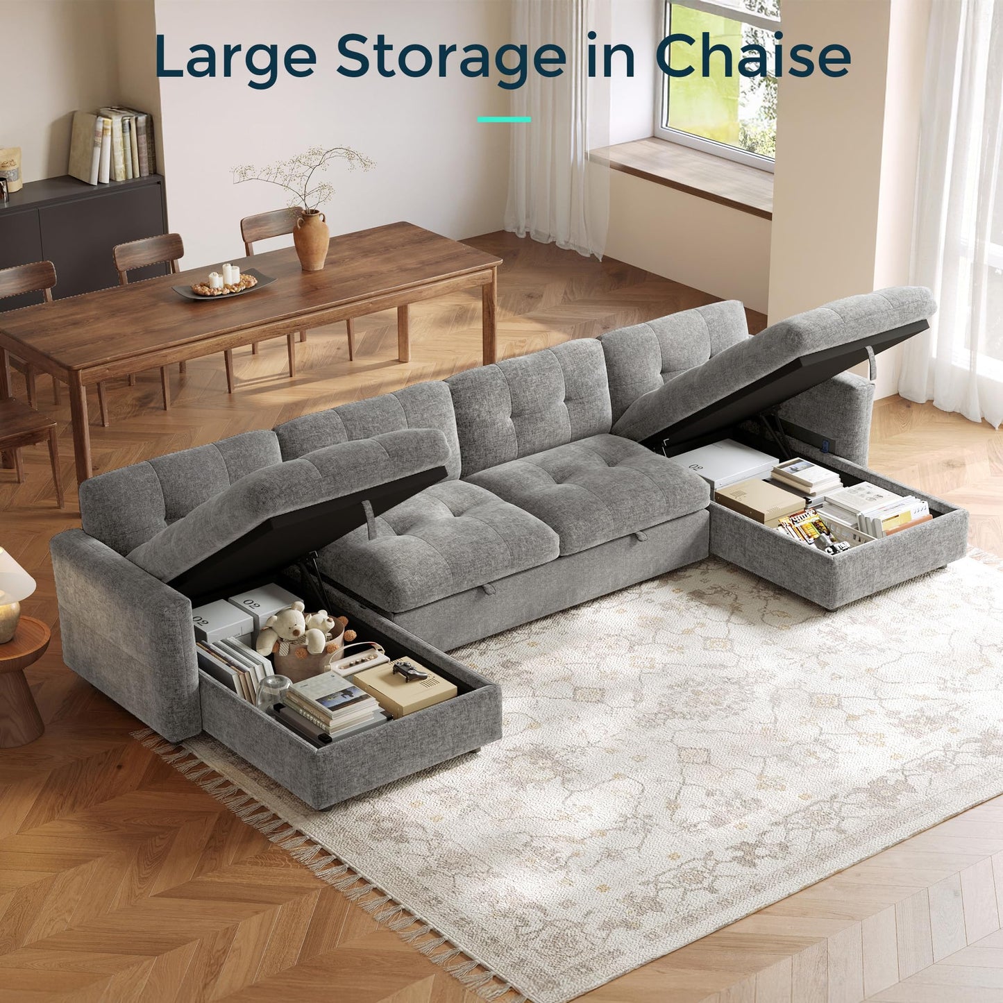 LINSY Oversized Sectional Sleeper Sofa 118" Pull Out Couch with Storage Chaise, Convertible Sofa Bed with Memory Foam Topper, Comfy L Shaped Couches for Living Room Apartment Dorm Room, Grey