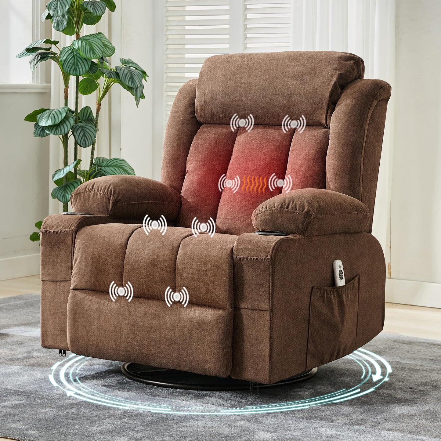 PeacefulHues 360° Swivel Rocker Recliner Chair with Heat and Massage, 3 Positions, USB Ports, Side Pockets, Cup Holders, for Living Room, Bedroom, Brown