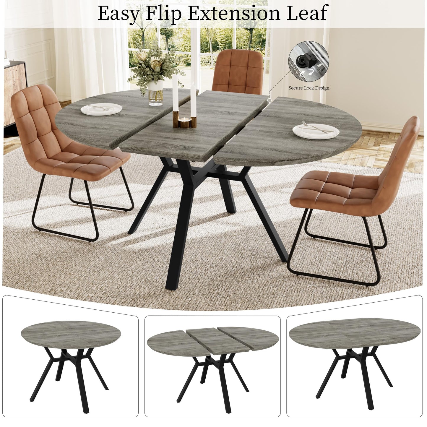 HIPIHOM Extendable Round Dining Table Set for 6 People, 43.3"-59.1" Extendable Kitchen Table with 6 Upholstered Chairs, Space Saving for Kitchen Dining Room (Grey Table+6 U-Shaped Brown Chairs)