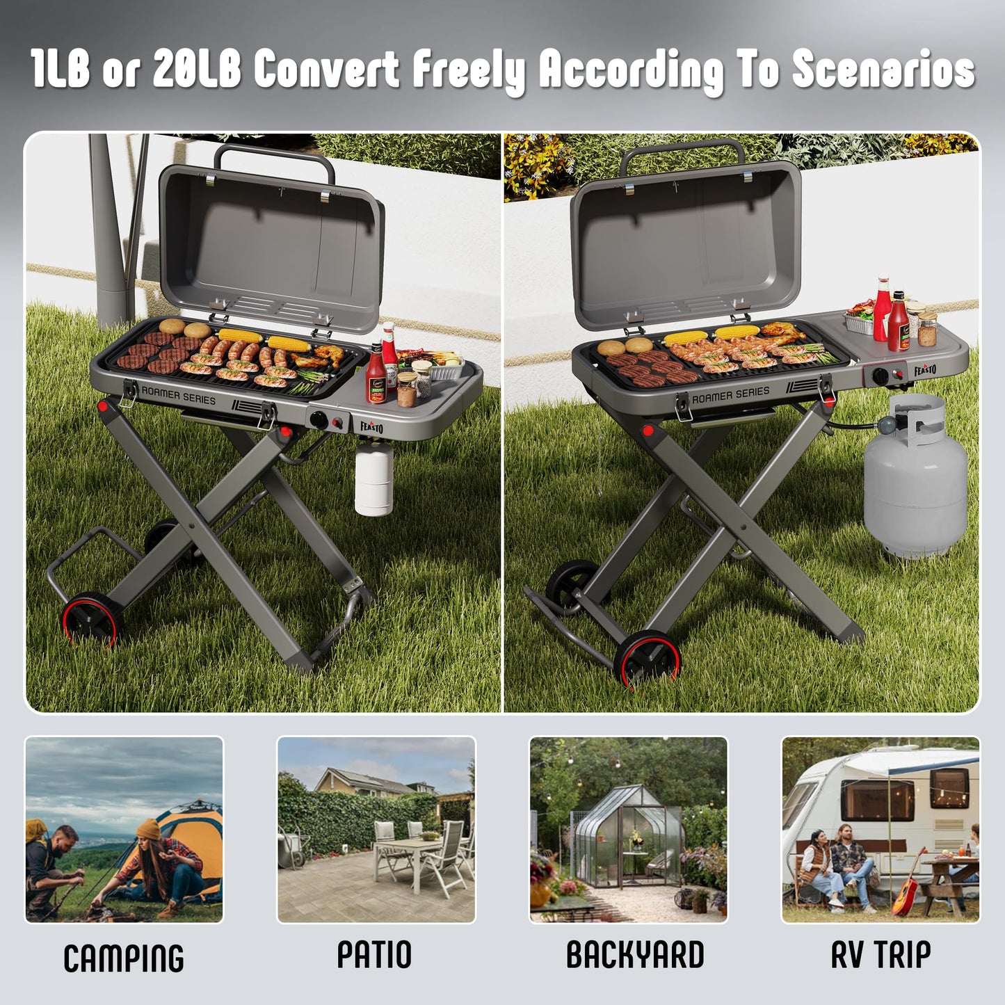 FEASTO Portable Propane Gas Grill with Folding Cart & 13000 BTUs Burner, 360 Sq. In. Cast Iron Cooking Grates, Side Table, 8" Wheels, Stainless Grease Tray for Outdoor BBQ, Camping & Tailgating, Grey