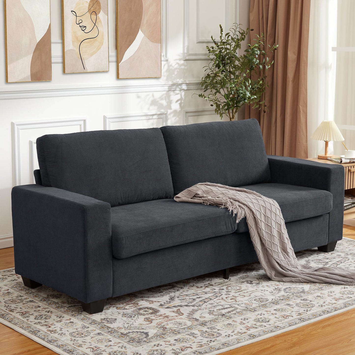 BouPower 84" Corduroy Loveseat Sofa for Living Room, Modern Upholstered Sofa with Wide Armrests, Modern Plush Deep Seat Sofa Couch, Oversized Comfy 3-Seater Sofa for Living Room, Apartment, Grey
