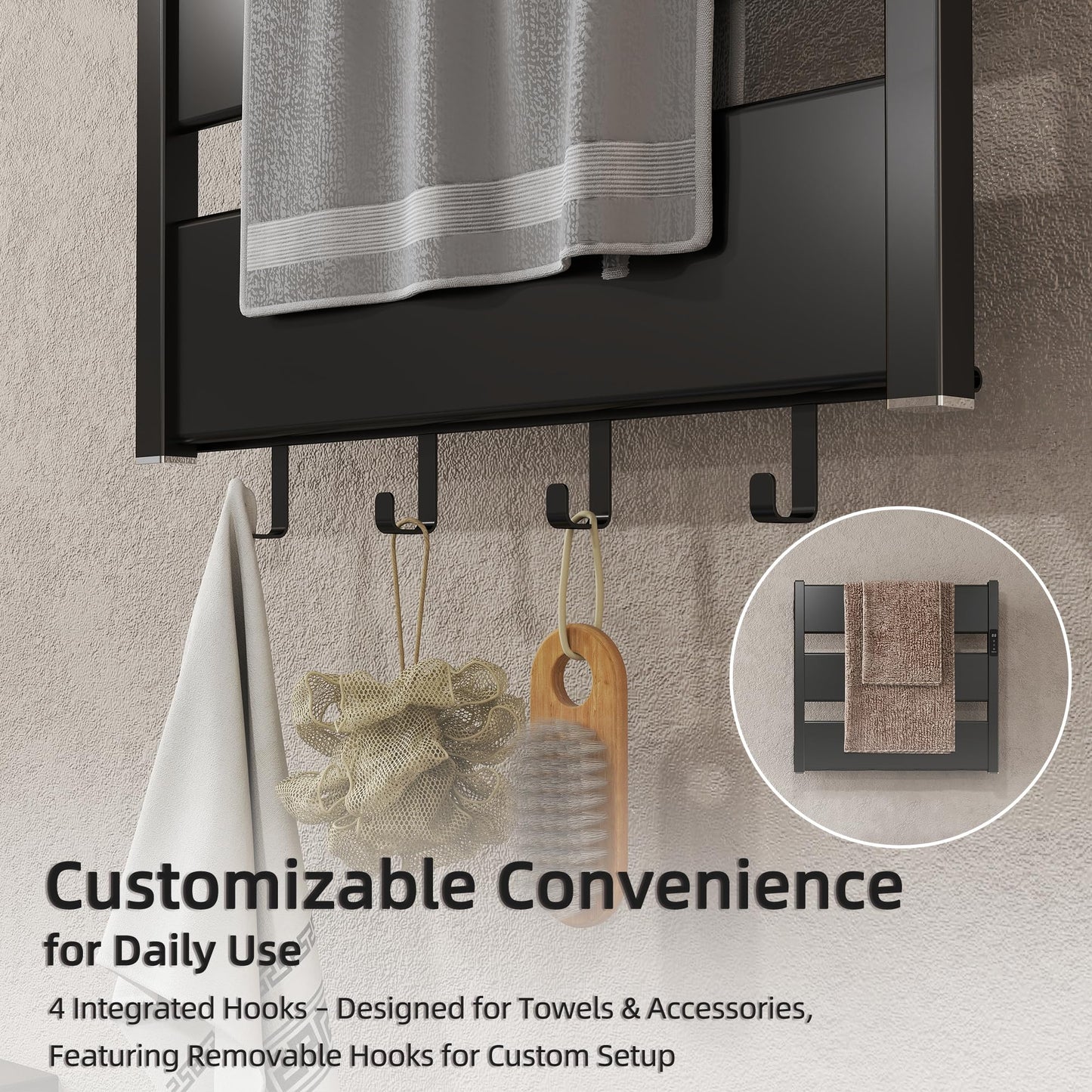 K&KALONZO Towel Warmer for Bathroom, Wall-Mounted Heated Towel Rack with Built-in Timer, Waterproof Alumnimum Electric Towel Heater, Support Plug-in and Hardwired, Black, H3-B