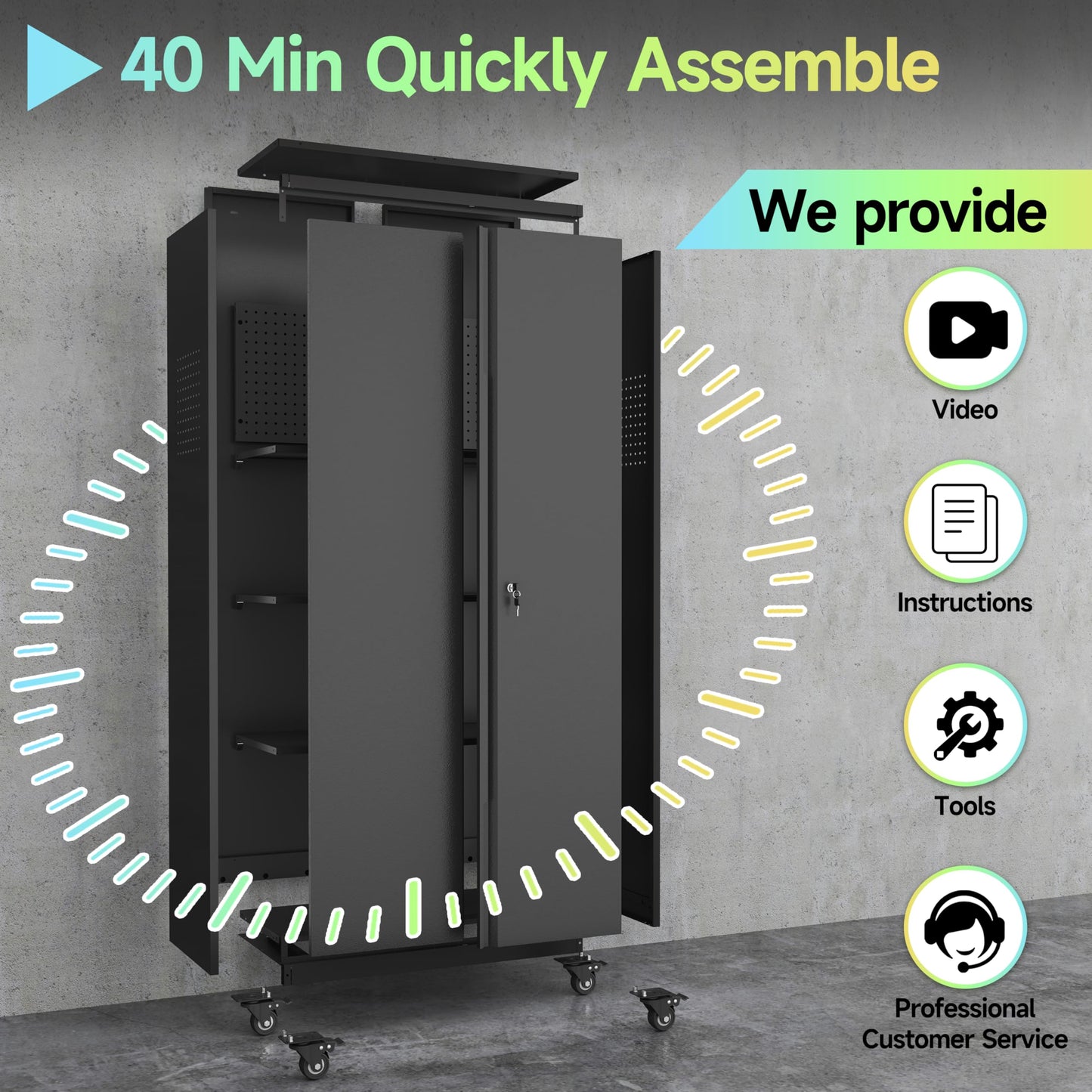 LONGLINK Metal Garage Storage Cabinet with Wheels,71" Tool Storage Cabinet with Adjustable Shelves,Lockable Storage Cabinets with Pegboards for Warehouse,Workshop,Garage,Basement,Utility Room(Black