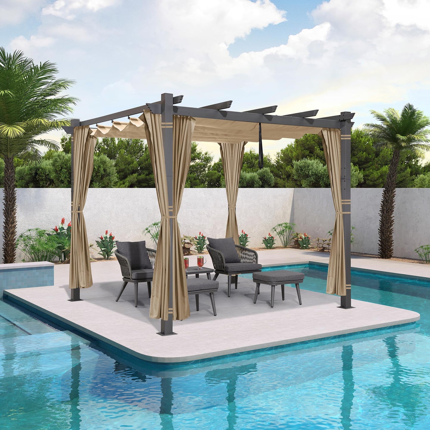 PURPLE LEAF 10' X 10' Outdoor Pergola with 4-Sided Curtains Retractable Canopy Patio Aluminum Sun Shade for Garden Deck Porch Gazebo Pavilion Grill Modern Yard Grape Trellis Pergola Beige