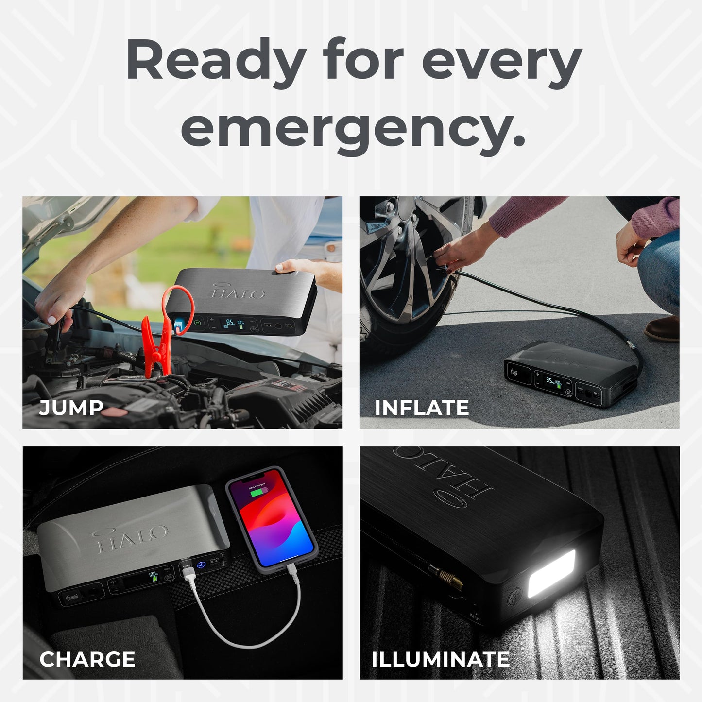 HALO Bolt Air 58830 Portable Car Battery Jump Starter | 100 PSI Air Compressor, 58.8Wh USB Power Bank, Emergency Floodlight & Charger, Jumps Cars SUVs & Trucks, Inflates Tires, TSA Approved — Gray