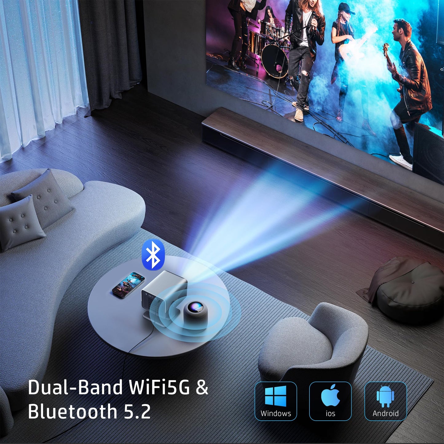 HP MC475 Official Licensed App Native 1080P Full HD Smart Mini Projector with WiFi & Bluetooth, Portable Projector for Outdoor & Bedroom, Short Throw, Auto Focus, Built-in Speaker, USB-C
