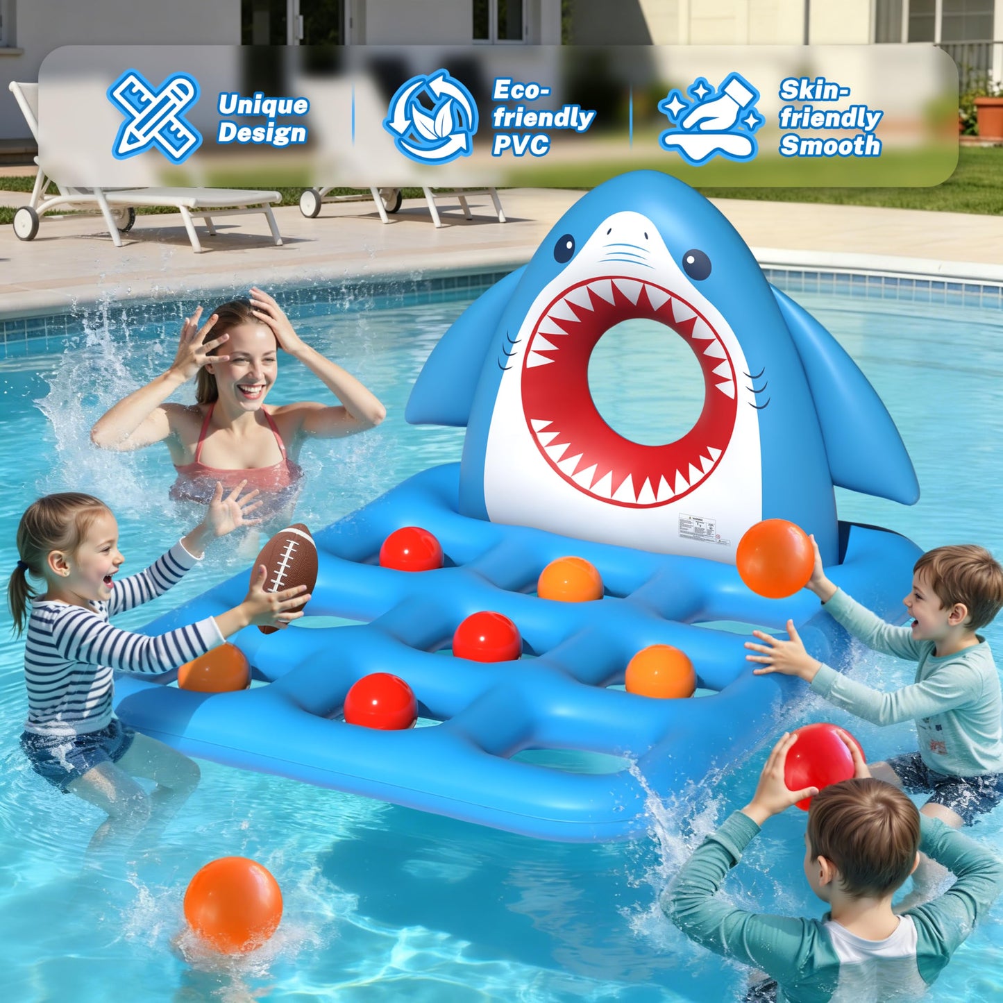 JOSEN Inflatable Pool Toy Set, Fun 2-in-1 Shark Pool Water Games Floating, Giant Tic Tac Toe Game with 10 Balls & Football - Family Pool Party Swimming Toys for Kids Ages 6+ Adults Teens
